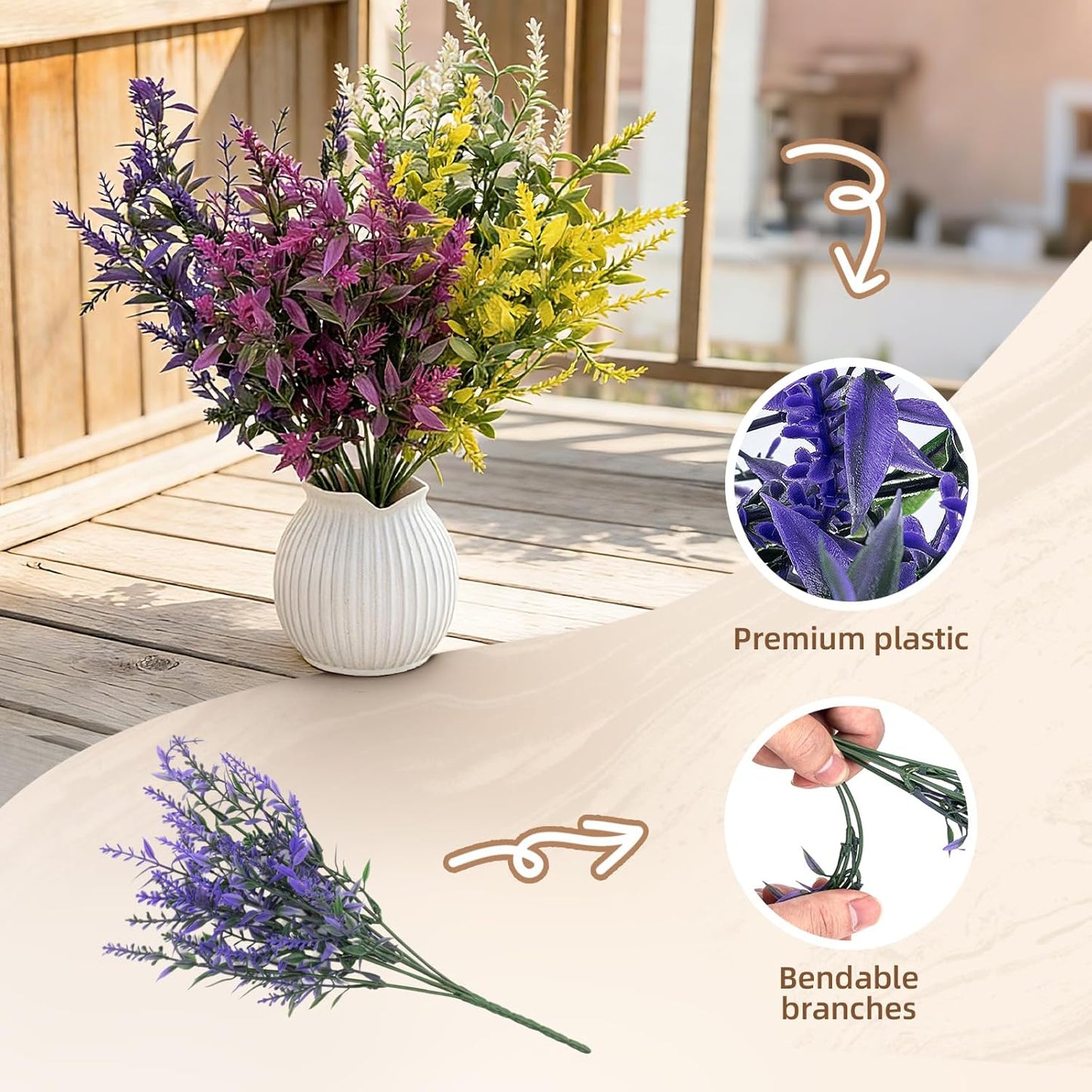 Artificial Flowers Outdoor, Artificial Plants Outdoor for Spring Summer, Lavender Artificial Flowers, for Garden, Porch, Patio, Window Box, Wedding (8, Purple, Fuchsia, White, Yellow)