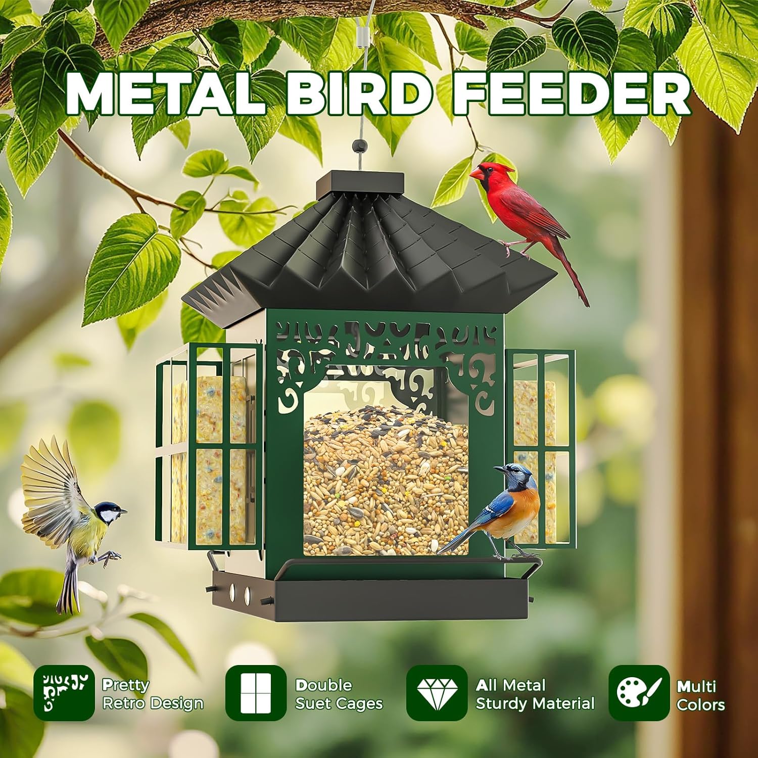 Bird Feeders for Outdoors Hanging, Metal Bird Feeder with Double Suet 