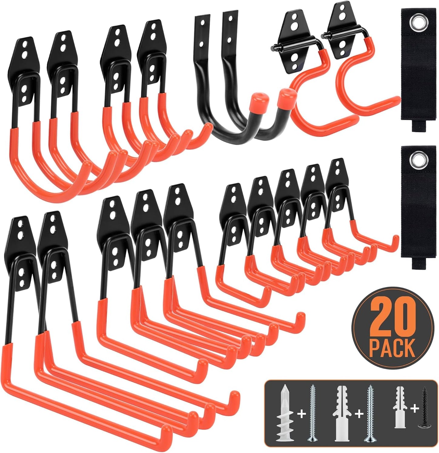 TONDA Garage Hooks, 20 Pack Garage Organization, Wall Storage Hooks Heavy Duty for Hanging Bike, Ladder, Garden Tools, Hose and Ropes, Orange