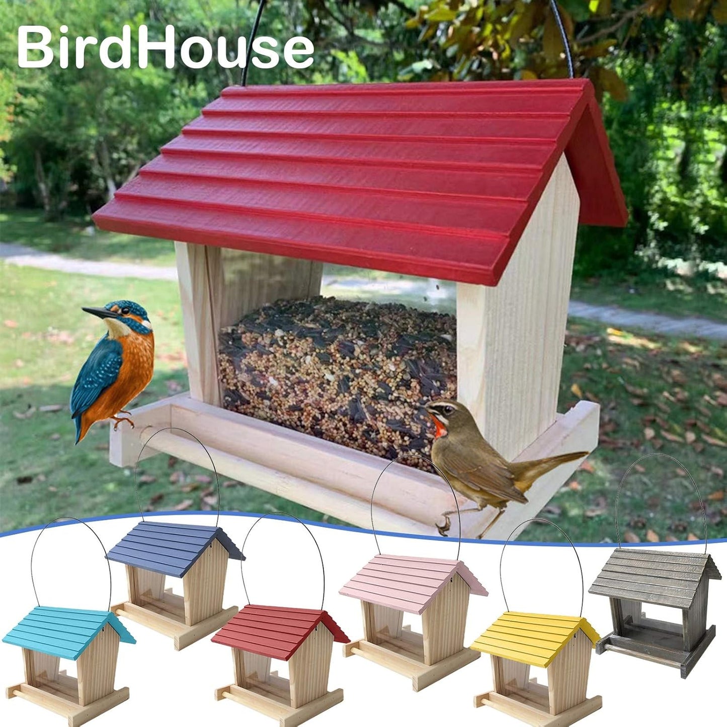 Wooden Bird Feeder House, Hanging Outdoor Rainproof Bird Feeder for Courtyard Garden Balcony with Easy-Fill Design, Wood Feeder para Aves (Red)