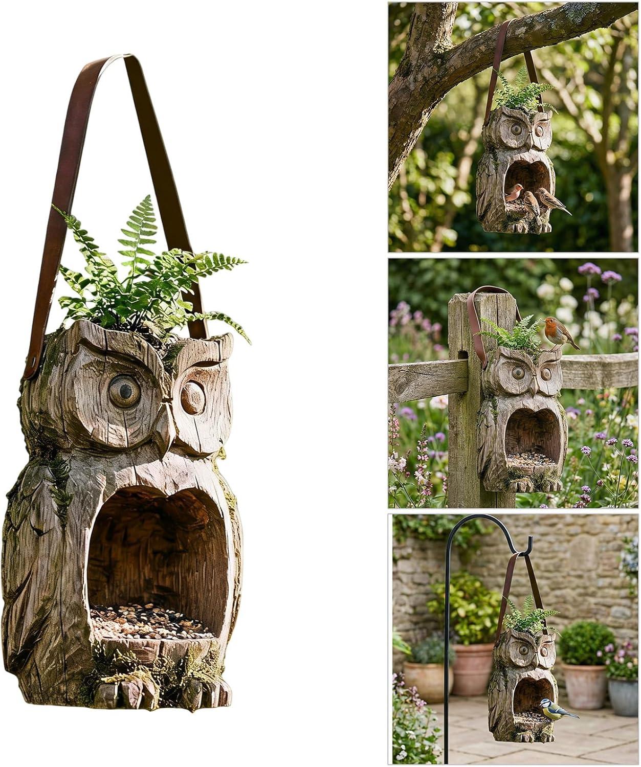 Creative Resin Owl Bird Feeder Hand Painted Outdoor Hanging Decor for Garden, Easy Refill & Weather, Unique Gift