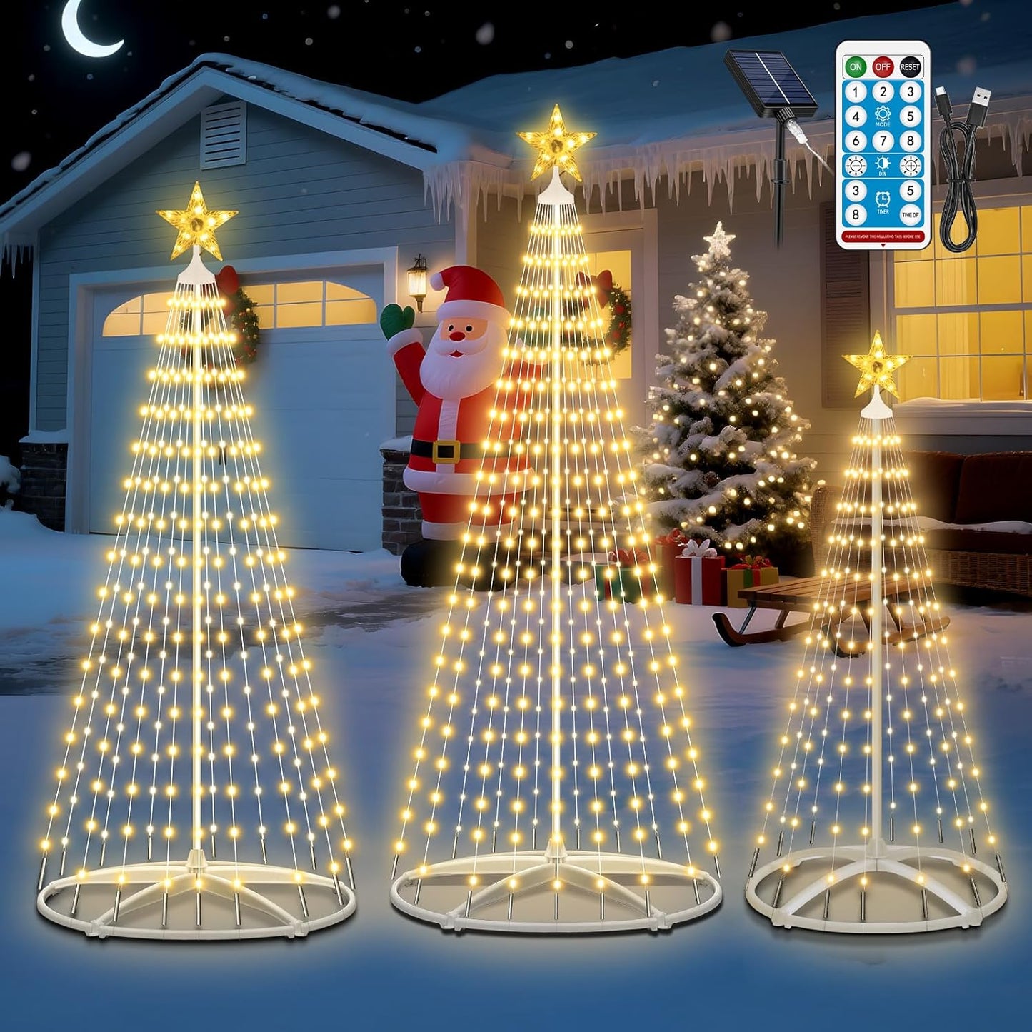 Outdoor Solar Christmas Tree, 3PCS LED Christmas Trees with Remote, 5ft/6ft/7.5ft Multi-Size Set, 8 Modes, IP65 Waterproof, USB Backup, Auto On/Off for Yard Garden Holiday Decor, Warm White