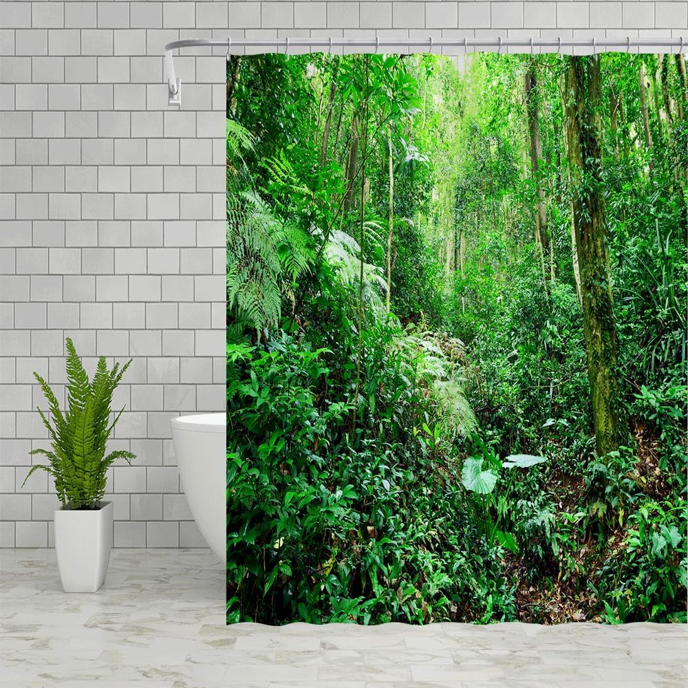 Rainforest Landscape Shower Curtains Green Leaves Plant Tree Original Forest Scenery Outdoor Nature View Bathroom Decor Polyester Fabric Curtain Sets 70x70 Inch with Hook