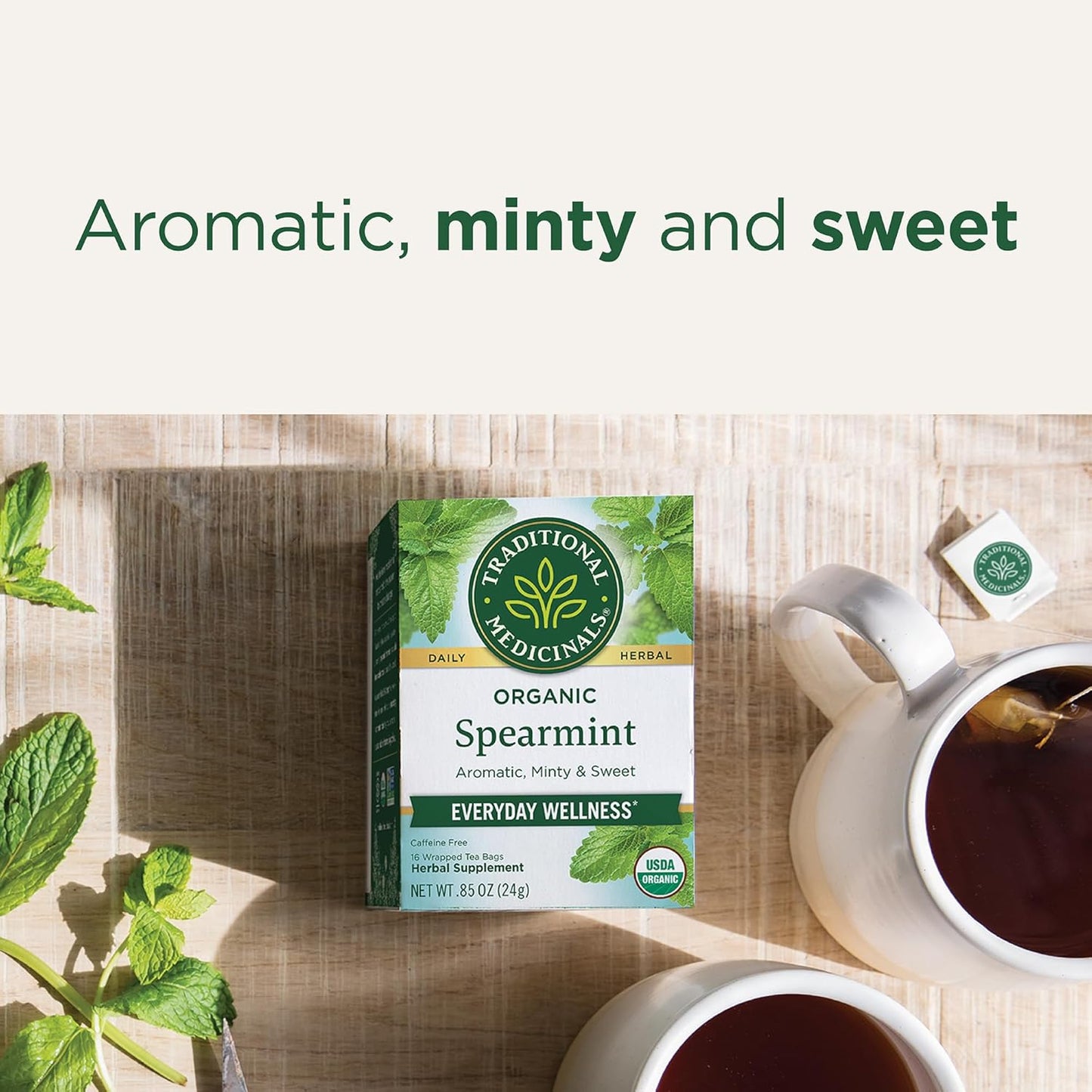 Traditional Medicinals Organic, Spearmint Tea - Supports Everyday Wellness, Healthy & Refreshing - Kosher, Non-GMO, Caffeine-Free, Compostable - 16 Tea Bags