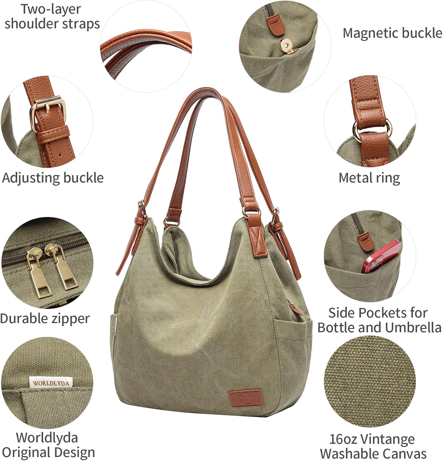 Worldlyda Women Canvas Hobo Purse Multi Pocket Tote Shopper Shoulder B