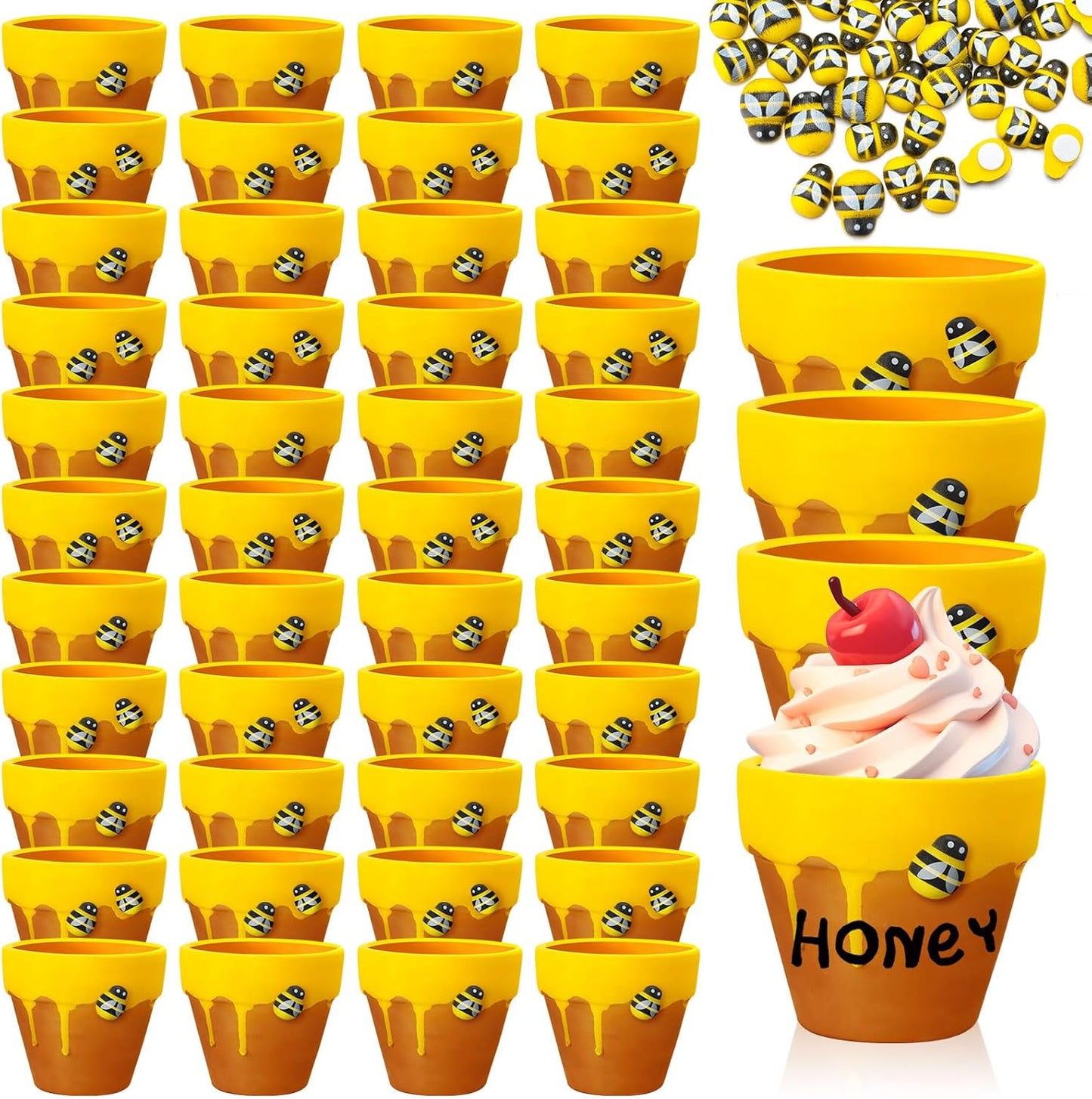 Yungyan 48 Pack Mini Honey Bee Pots with Bee Charms for Cupcake Planter Ceramic Honey Jars for Baby Shower Guests Wedding 1st Birthday Party Favors (Cute Style)