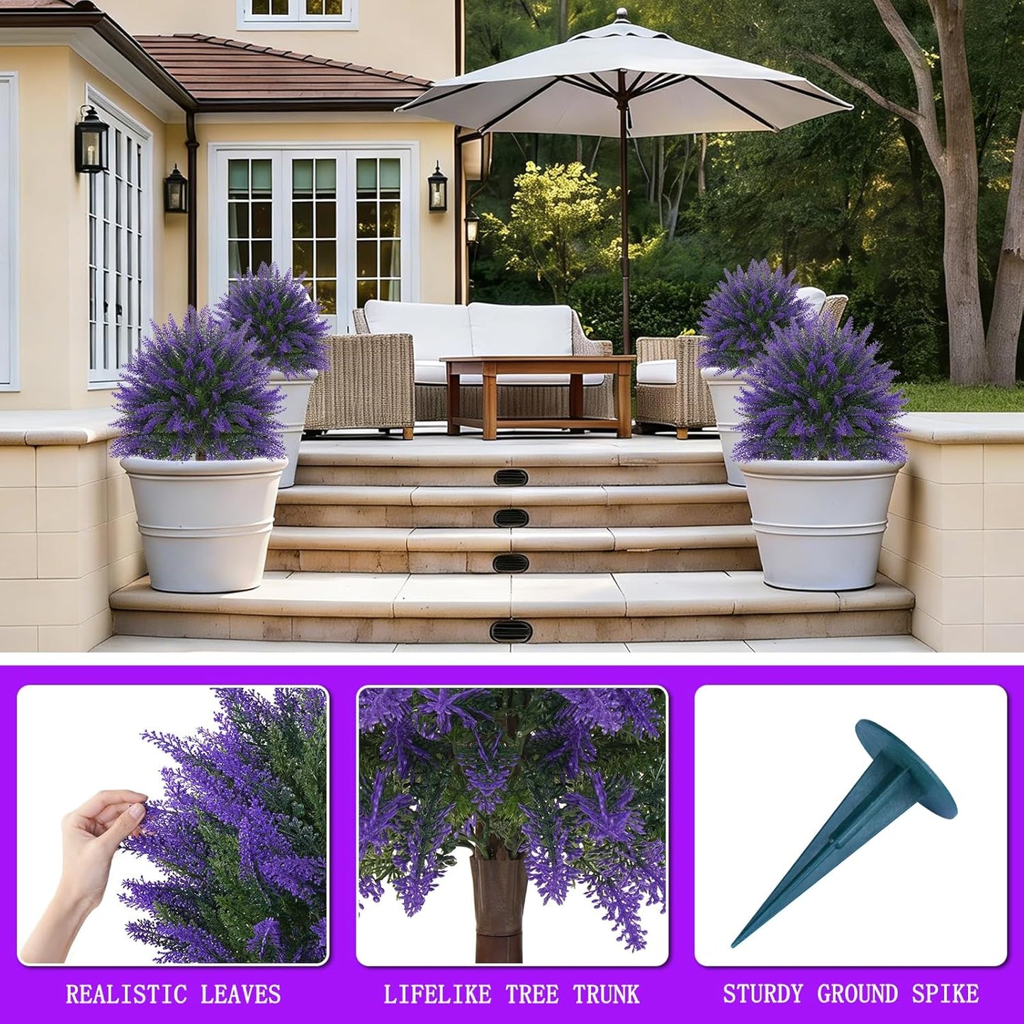 Artificial Lavender Topiary Bushes with Ground Spike, 24" Set of 2 Faux Lavender Boxwood Ball Trees UV Resistant Fake Greenery Plants for Indoor & Outdoor Spring Porch Decor