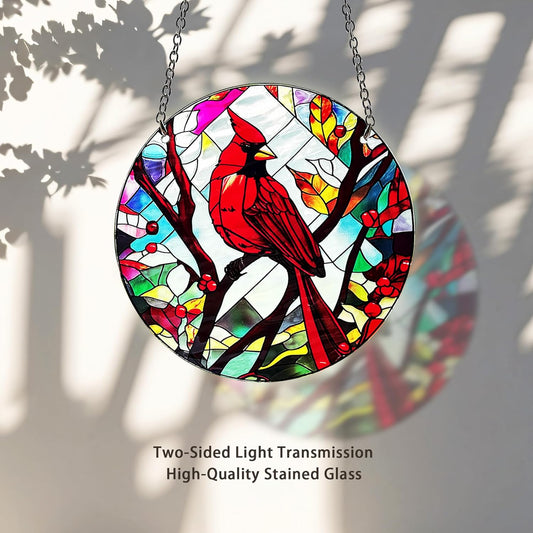 Red Bird Memorial Suncatcher, Memorial Panel Glass Stained Glass Indoor Window Art Wall Decor for Bird Lover.