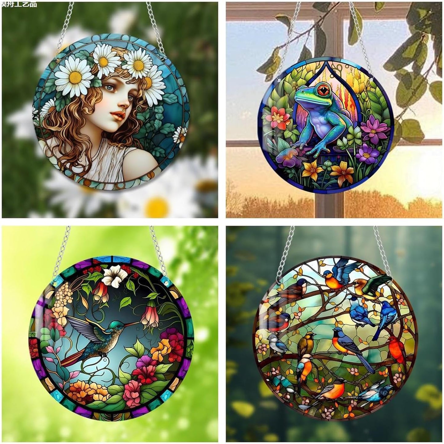Stained Glass Window Hanging Suncatcher – Paint Cardinal & Hummingbird Panel, Round Glass Ornament, Birds on a Branch Nature Decor, Colorful Gift for Bird Lovers, Family, and Friends 5.9x5.9 in