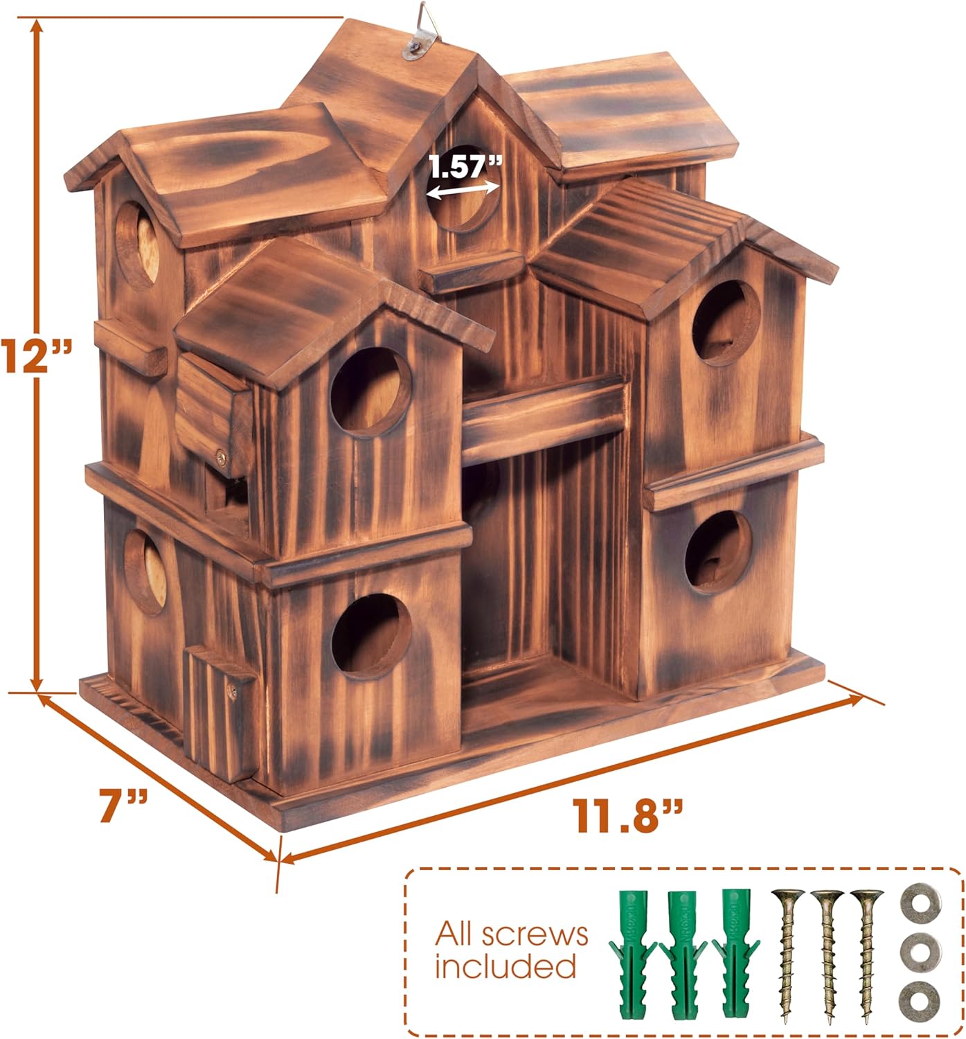 MIXUMON Wooden Bird Houses for Outside – 10 Rooms Multi-Chamber Bird House, Carbonized Pine Rustic Finish, 1.57" Entrance Holes, Individual Cleaning Doors, Decorative Outdoor Bird Nesting Box