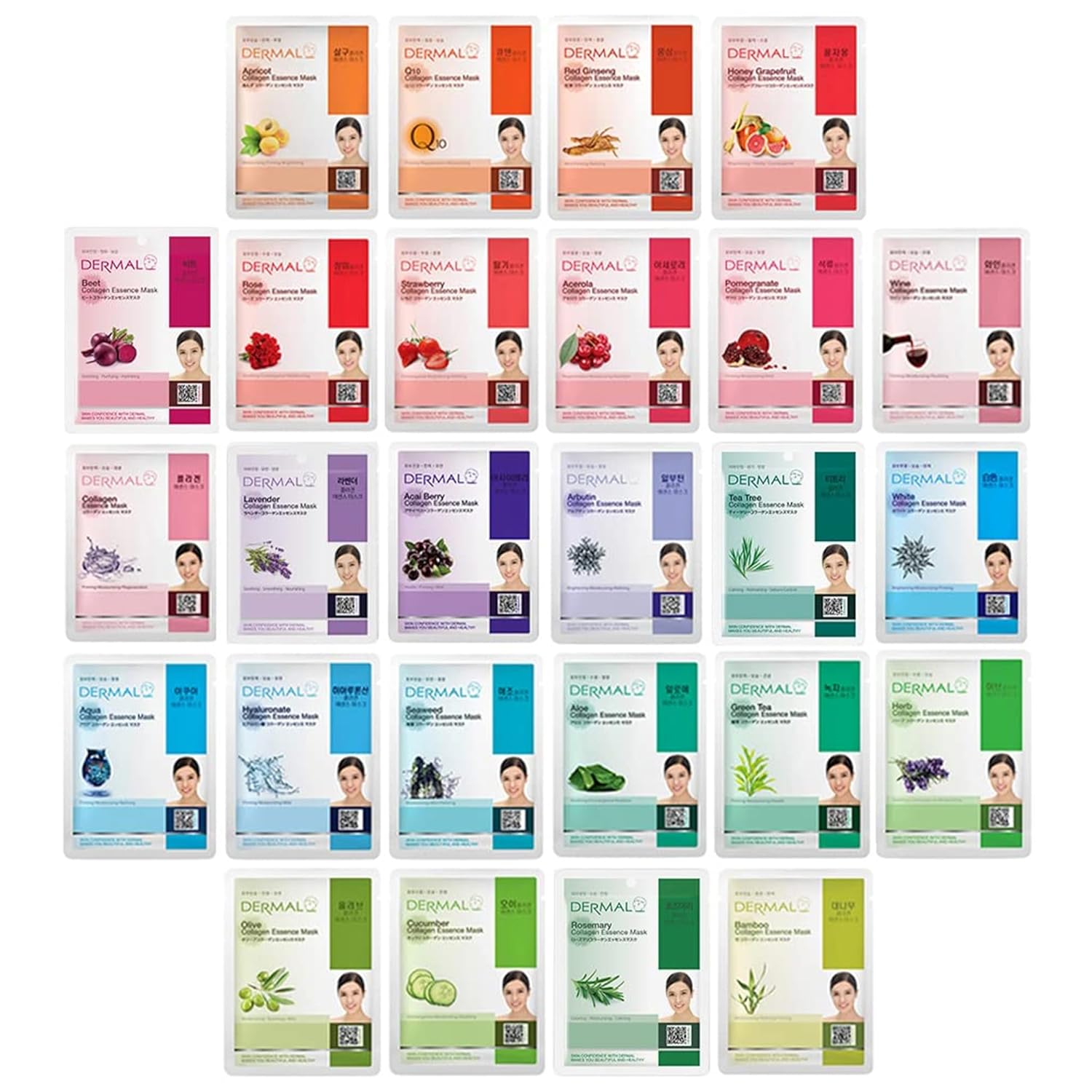 DERMAL 26 Combo Pack Collagen Essence Korean Face Mask (Red & Green) -
