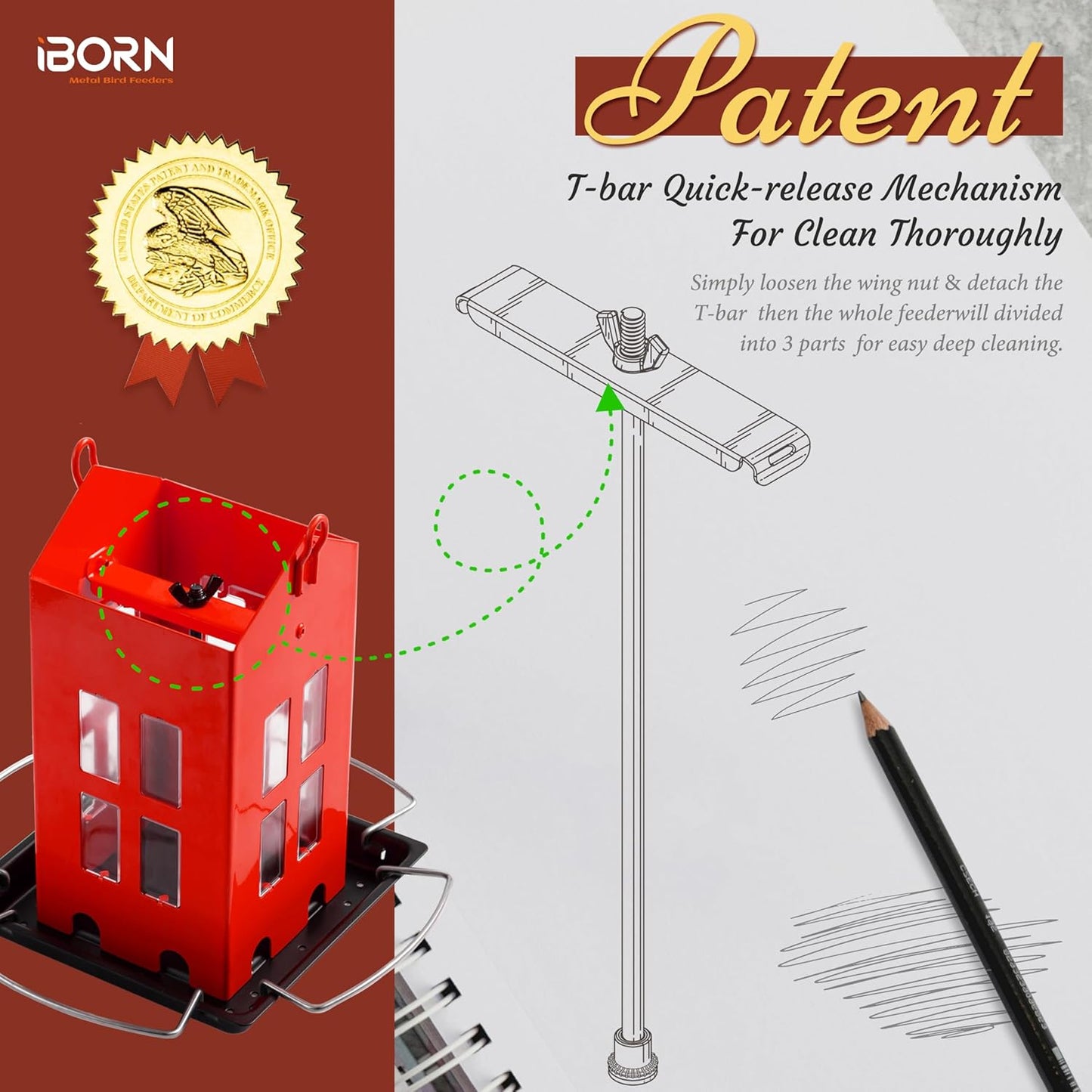 iBorn Bird Feeder House, Metal Bird Feeders for Outdoors Hanging,Double-Sided Metal Hanger & Weatherproof, Easy to Clean & Refill, 1.5 Lbs Capacity, Red