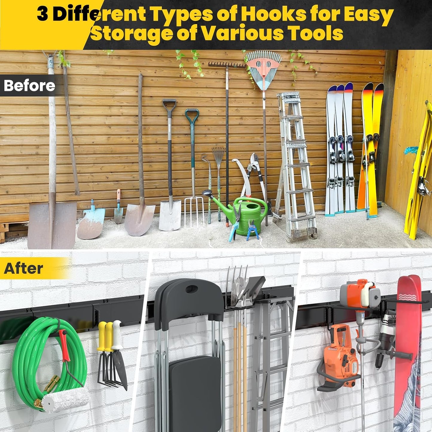 Garage Wall Organizers, 48'' Yard Tool Organizer Wall Mount with 7 Storage Hooks, Sturdy Easy Assembly Heavy Duty Garage Organization, Garden Lawn Tool Organizer for Tools, Skis, Ladders