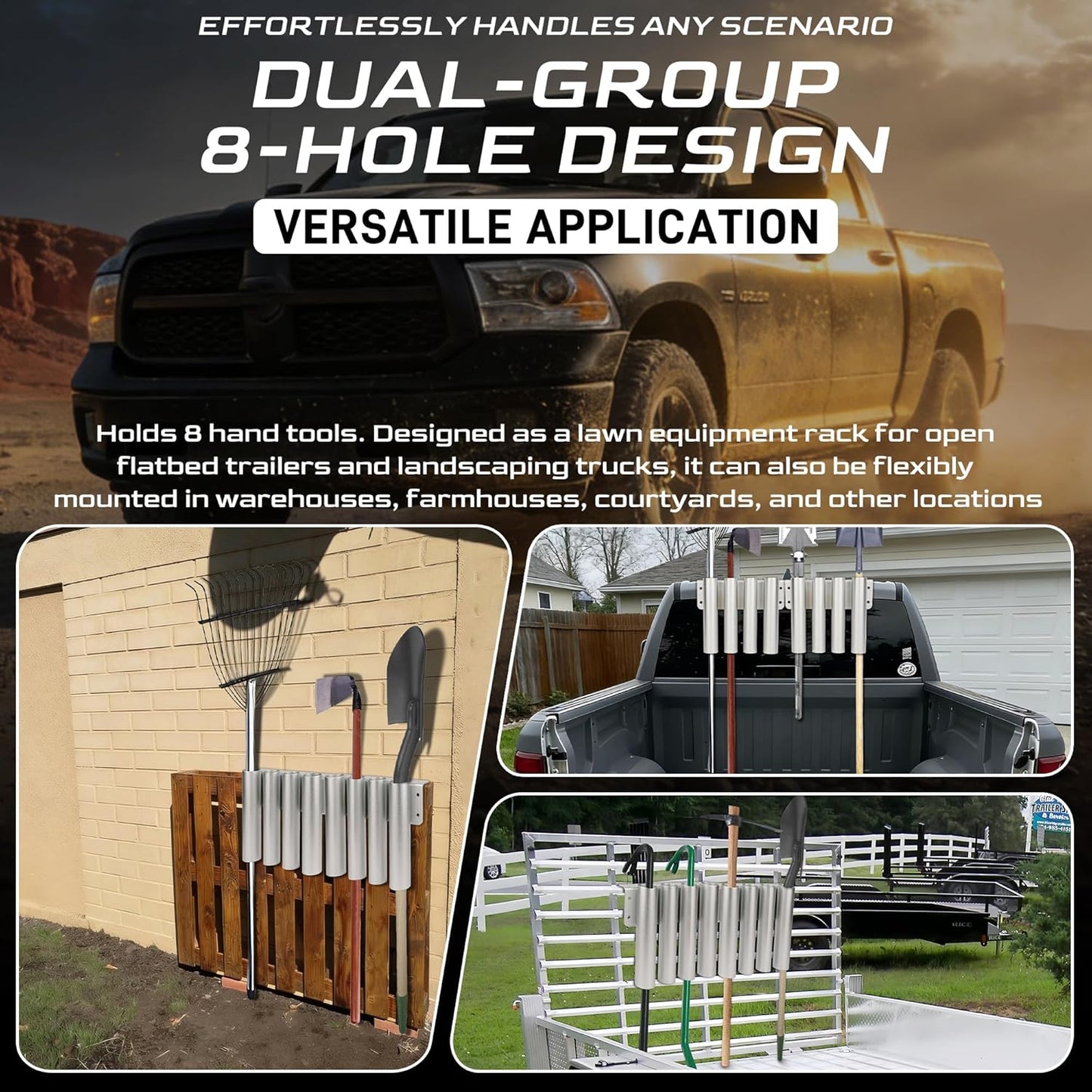 Shovel Holder for Truck/Trailer, 8-Holes in 2 Grouped Heavy-Duty Trailer Tool Rack for Trimmers, Rakes, Lawn & Garden Hand Tools Secure Mounting Prevents Loss