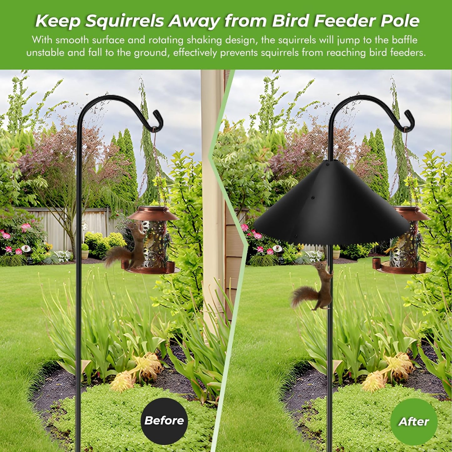 Yummy Sam 19 inch Squirrel Baffle for Bird Feeder Pole Outside, Black Plastic Squirrel Proof Bird House Guard with Spring and Spiked Edge for Shepherd Hook and Outdoor Pole Mount Stoppers