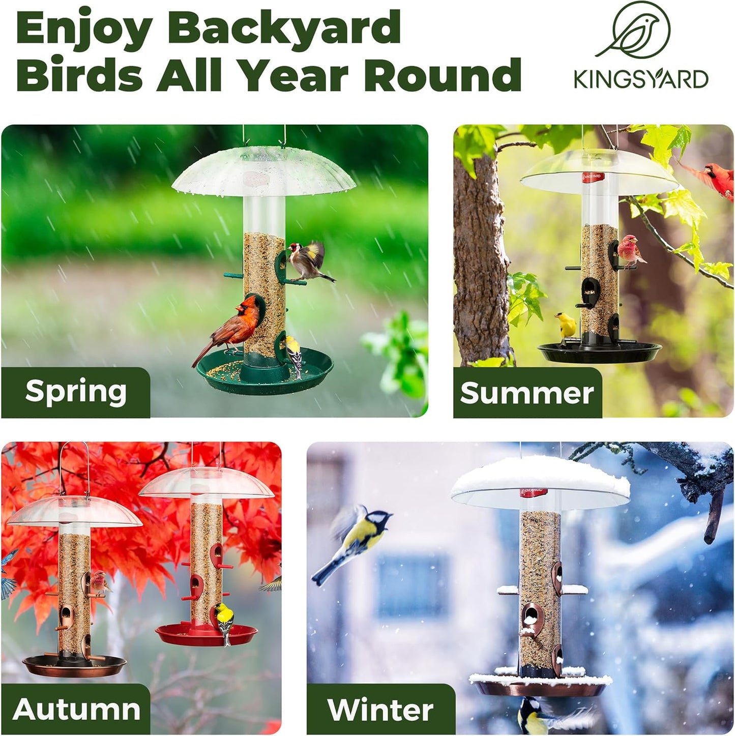 Kingsyard Metal Bird Feeders for Outdoors Hanging, Wild Bird Feeder with Large 11.5" Protective Dome and 8" Removable Tray, 3 lb Seeds Capacity (Green)