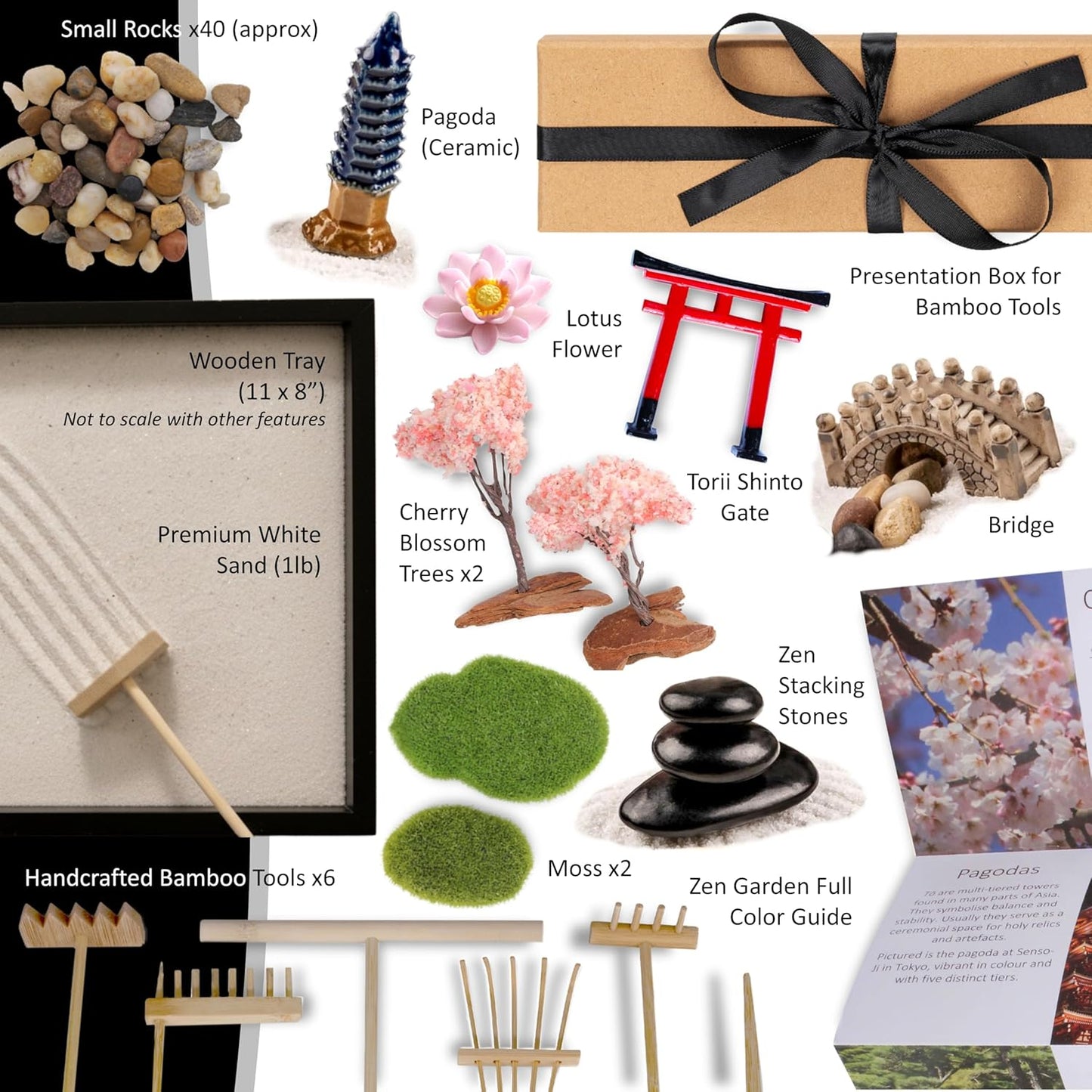 Zen Garden Kit 11x8in. Beautiful Japanese Decor Mini Rock Feature Gift Set for Home, Office Desk. Zen Sand Garden, 6 Tools, 15 Accessories. Sand Tray Therapy Desktop Meditation Room