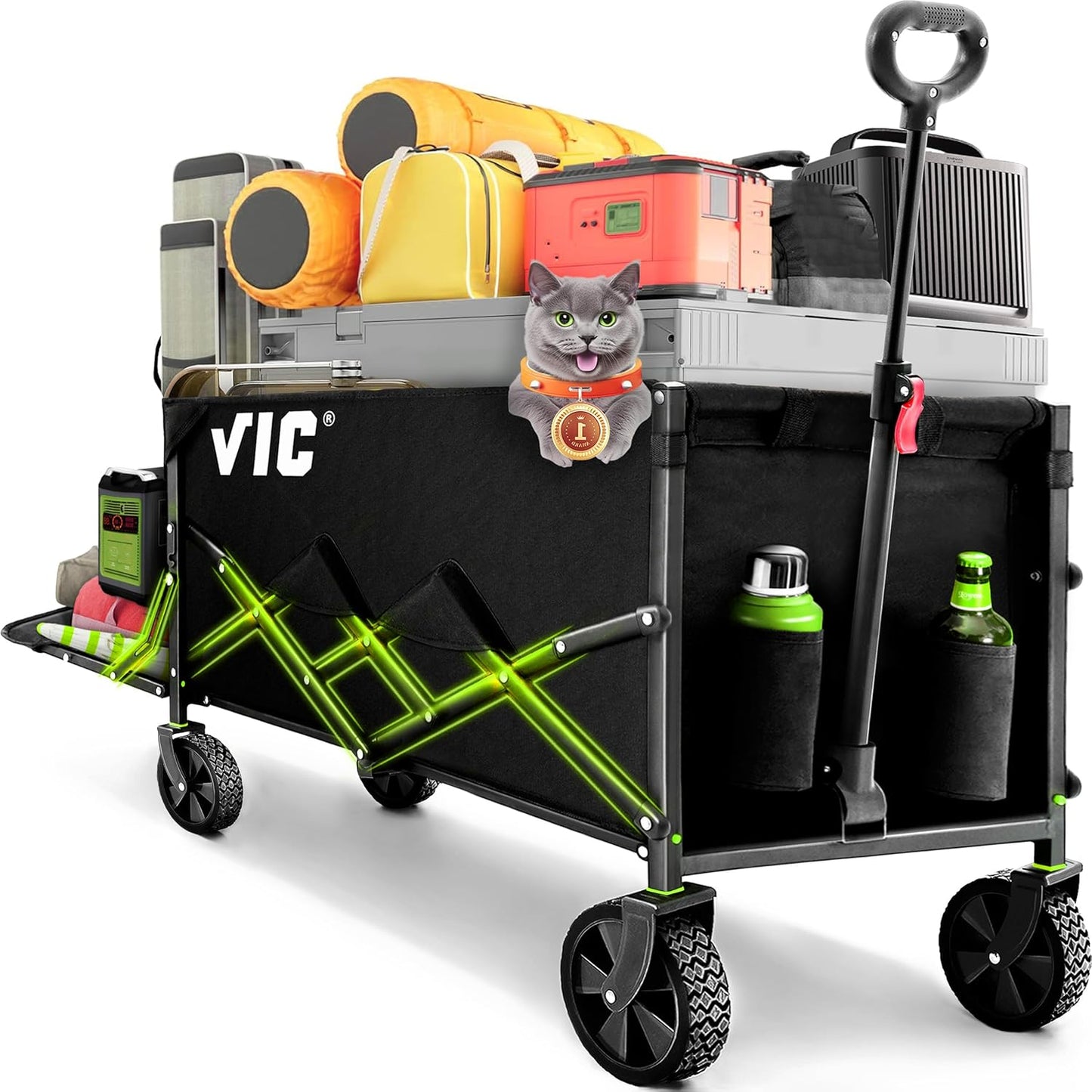 VIC Collapsible Folding Wagon Extra Long Extender Wagon Cart,Beach Wagons Cart Heavy Duty Foldable, Utility Grocery Car with Side Pocket for Camping Garden Sports, V1