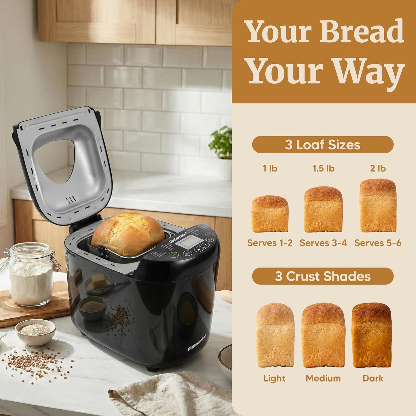 Elite Gourmet Programmable Bread Maker, 2 lb Loaf, 3 Sizes, 19 Presets
