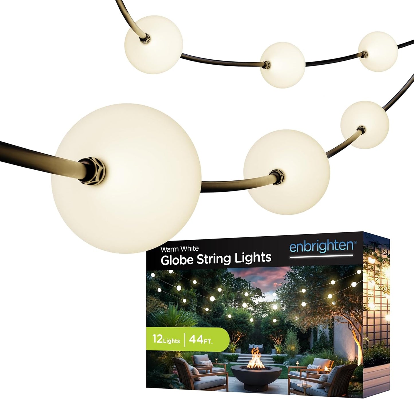 Enbrighten Globe Outdoor String Lights, 44ft, 12 Large 4in Round Bulbs, 2700K Warm White LED, Waterproof, Patio, Backyard, Garden, Pergola, Balcony, 84331