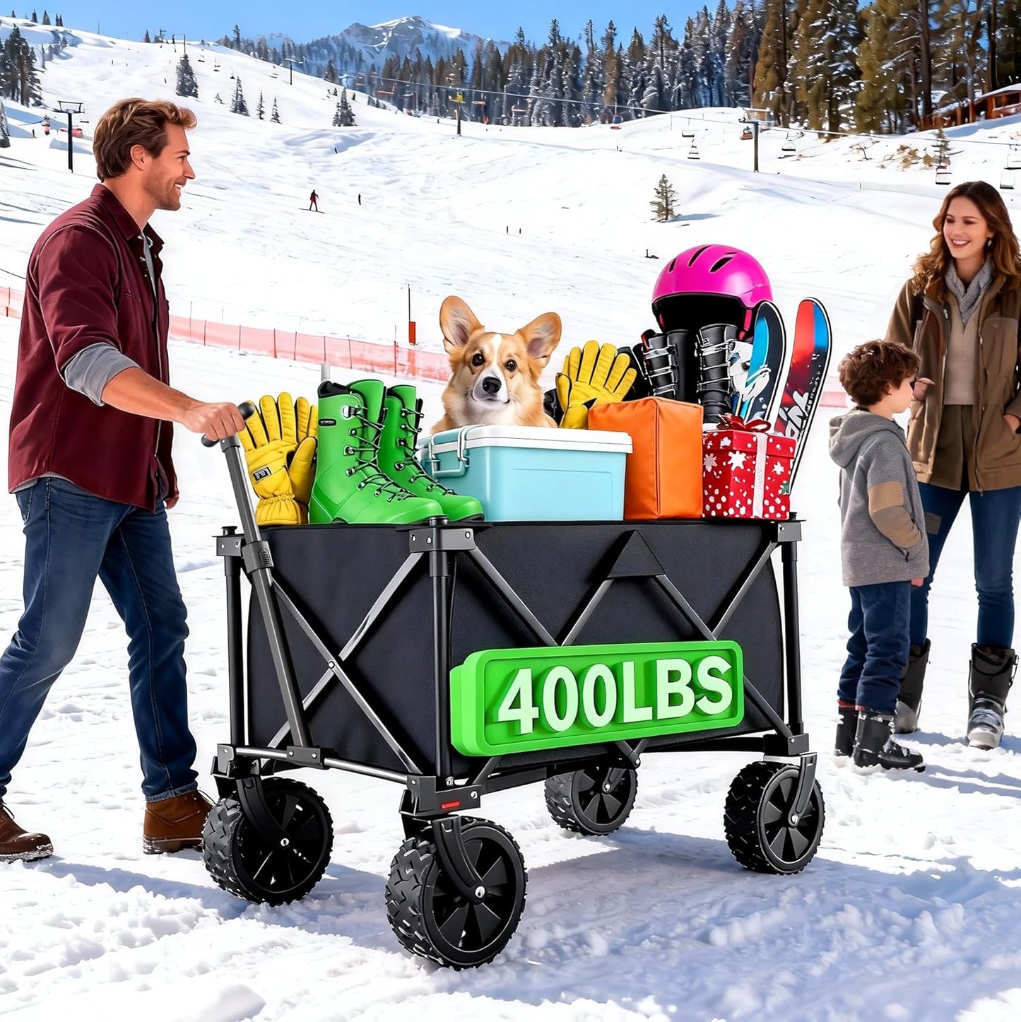 BEAU JARDIN Collapsible Folding Wagon Cart with Big Wheels Foldable Cart with 400LBS Capacity Utility Lightweight Wagon Heavy Duty Grocery Cart for Skiing Ice Fishing Camping Garden Shopping Christmas