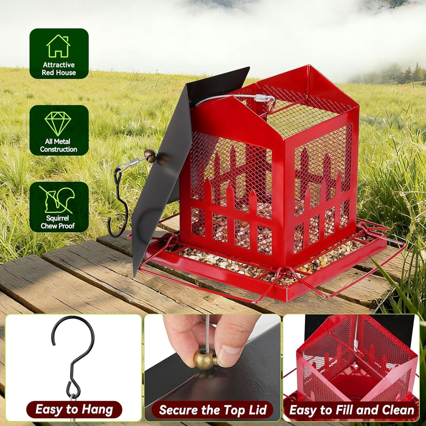 Bird Feeder, Large Bird Feeders for Outdoors Hanging, Metal Wild Bird Feeder with Upgraded Weatherproof Roof for Outside Backyard Garden Decor