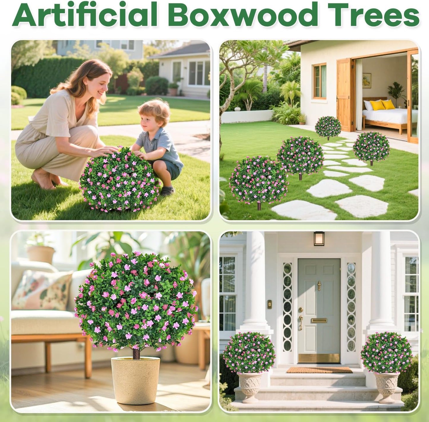 Set of 2 Artificial Boxwood Topiary Ball Trees with Pink Flowers Fake Bushes Plants Outdoor Boxwood Ball with Ground Spike 25.5 Inch UV Resistant Faux Greenery Shrubs for Porch Garden Decor