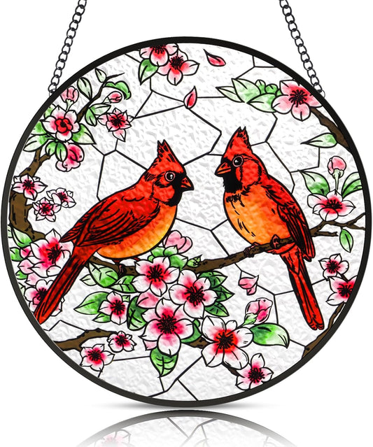 Stained Glass Window Hanging, Cardinal Sun Catchers Colorful Glass Panel Bird Suncatcher Indoor Window Wall Art Home Decor Gift for Birthday Christmas, for Women,Men,Wife, Lovers, and Mom 6.3 in
