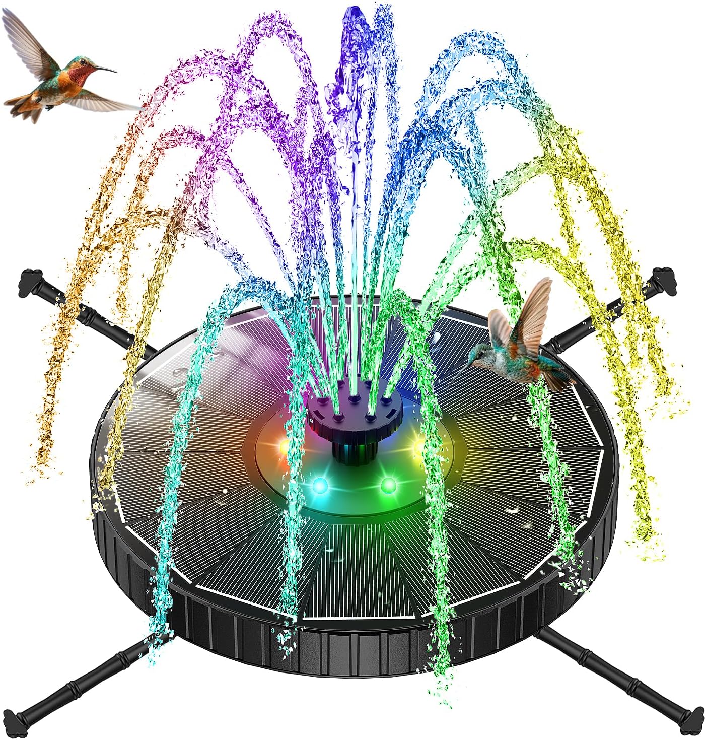 Solar Fountain with 3 Spray Height, Colorful Led Lights, 3.5W Glass Solar Bird Bath Water Fountain with 2000mAh Battery, 4 Rotating Rods and 7 Nozzles for Hummingbird Bathing, Outdoor Decor