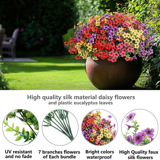 Artificial Flowers Faux Plants Outdoor Fake Flowers Summer Decor,16 Bundles Realistic Plastic Plant Colorful Daisy UV Resistant for Porch Patio Home Yard Garden Window Box Pot Planters (Colorful)