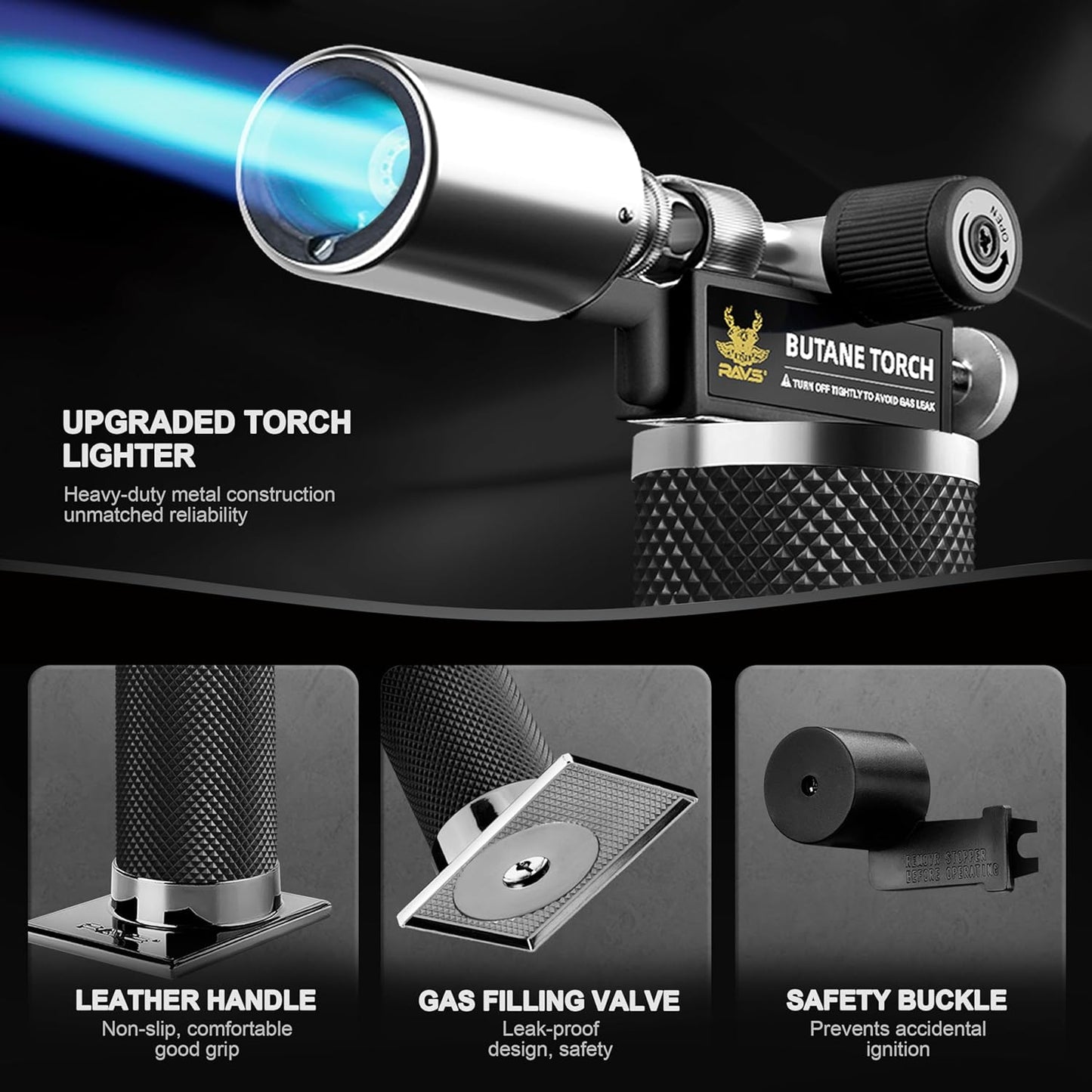 RAVS Butane Torch Lighter, Premium Metal Kitchen Torch with Adjustable Flame & Safety Buckle, Refillable Creme Brulee Torch for Baking, BBQ, DIY, Resin Art, Black, Butane Gas Not Included