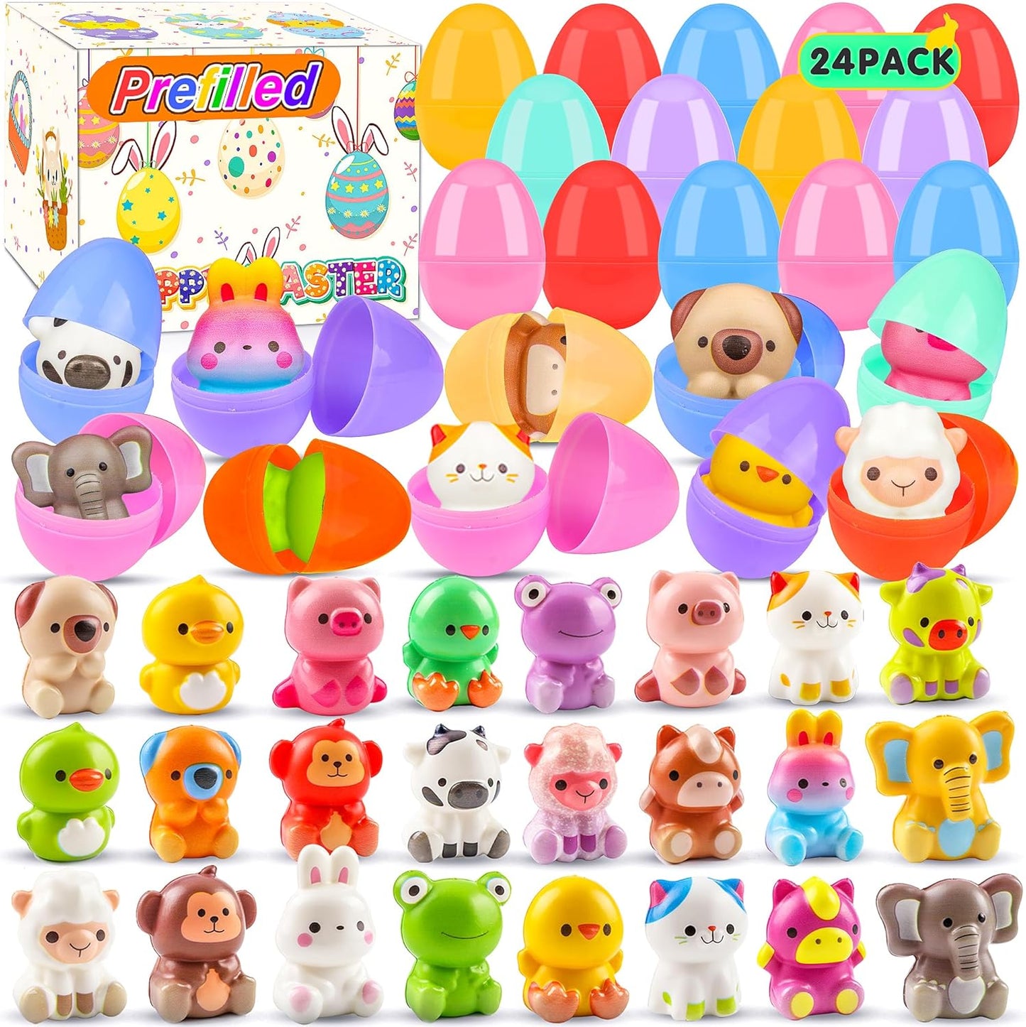 24 Pack Prefilled Easter Eggs with Animal Squishy Toys,Easter Eggs Filled for Egg Hunt,Easter Gifts for Kids,Easter Classroom Prizes, Easter Basket Stuffers