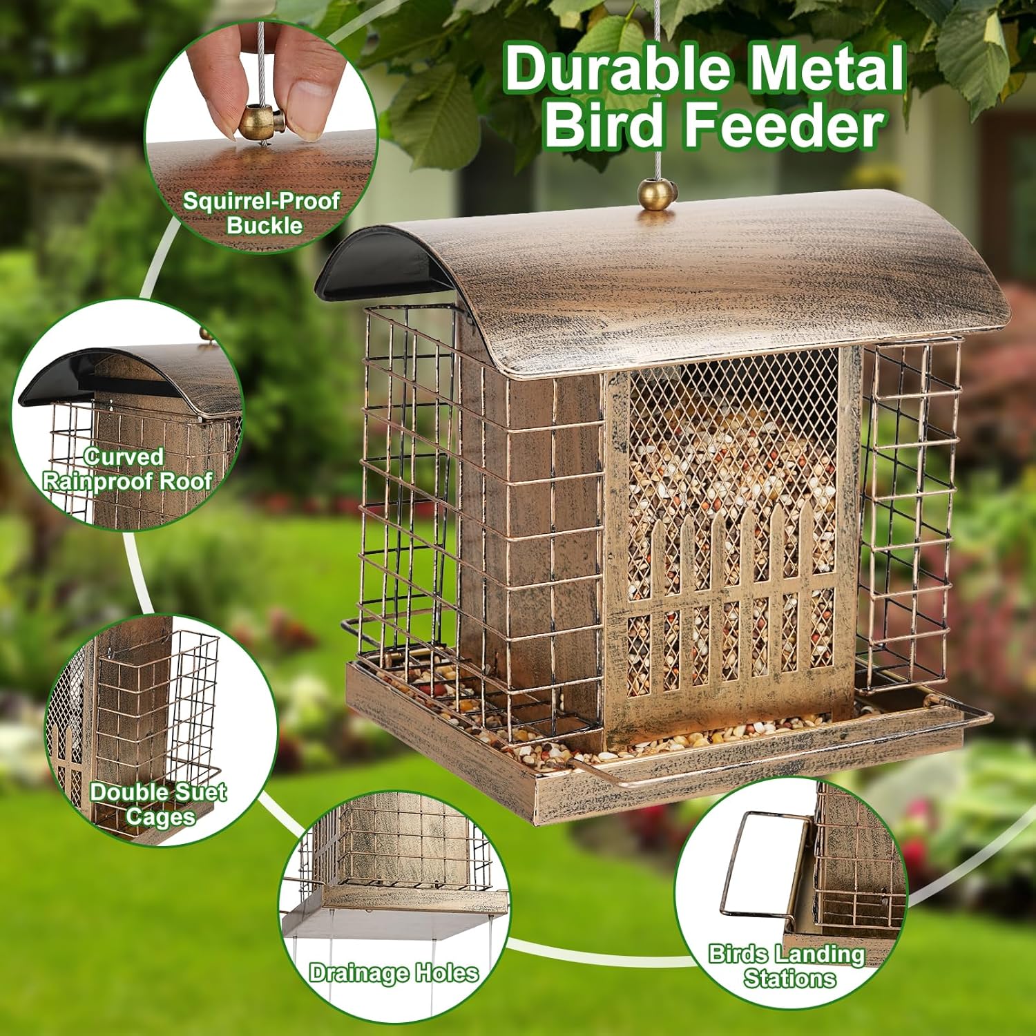 Suet Bird Feeder Outdoor Hanging with 2 Metal Mesh Cages - Attracts Wo