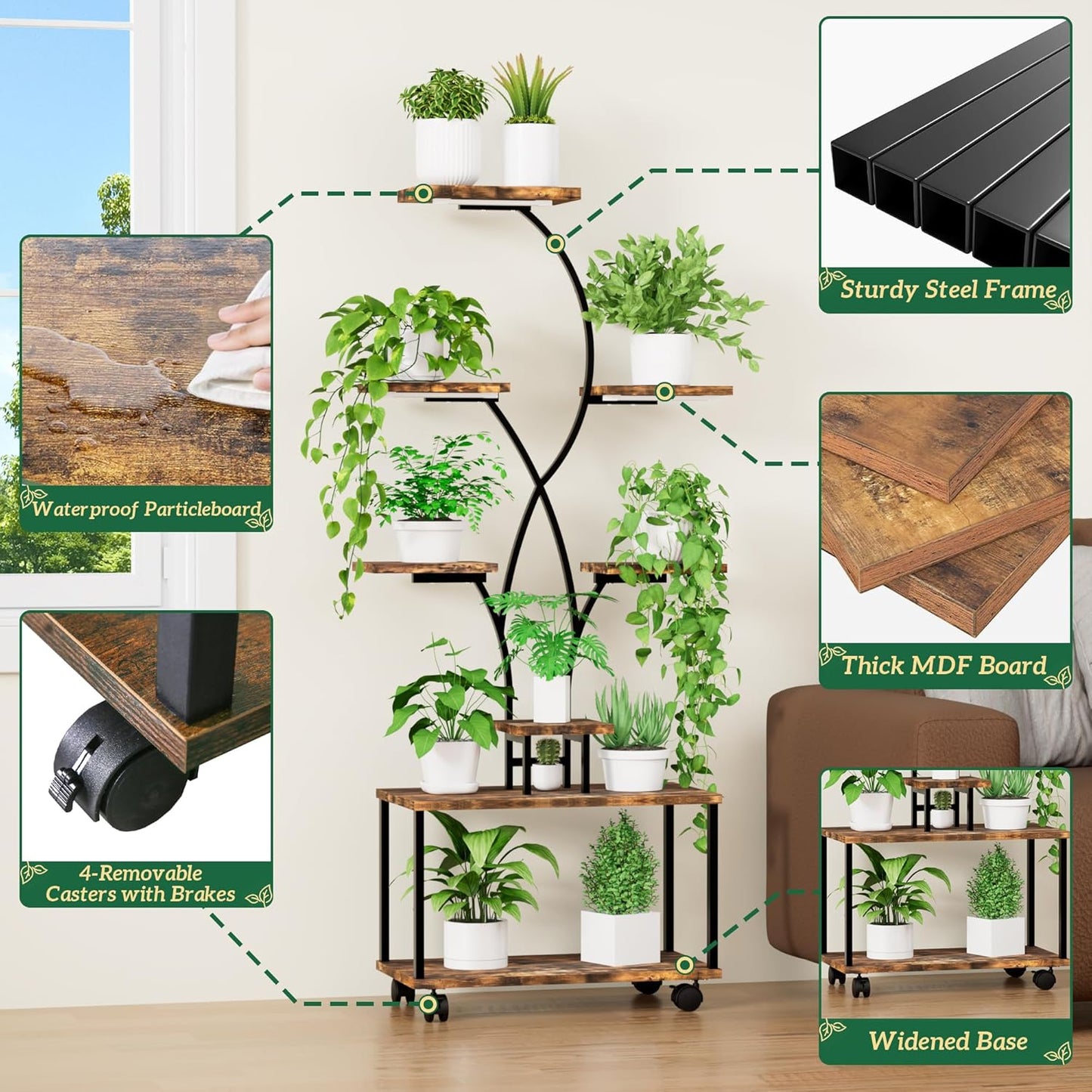 Plant Stand Indoor with Grow Lights, 8 Tiered Metal Plant Shelf with Wheels, 58" Tall Corner Plant Stand Flower Display Rack Holder for Living Room, Patio