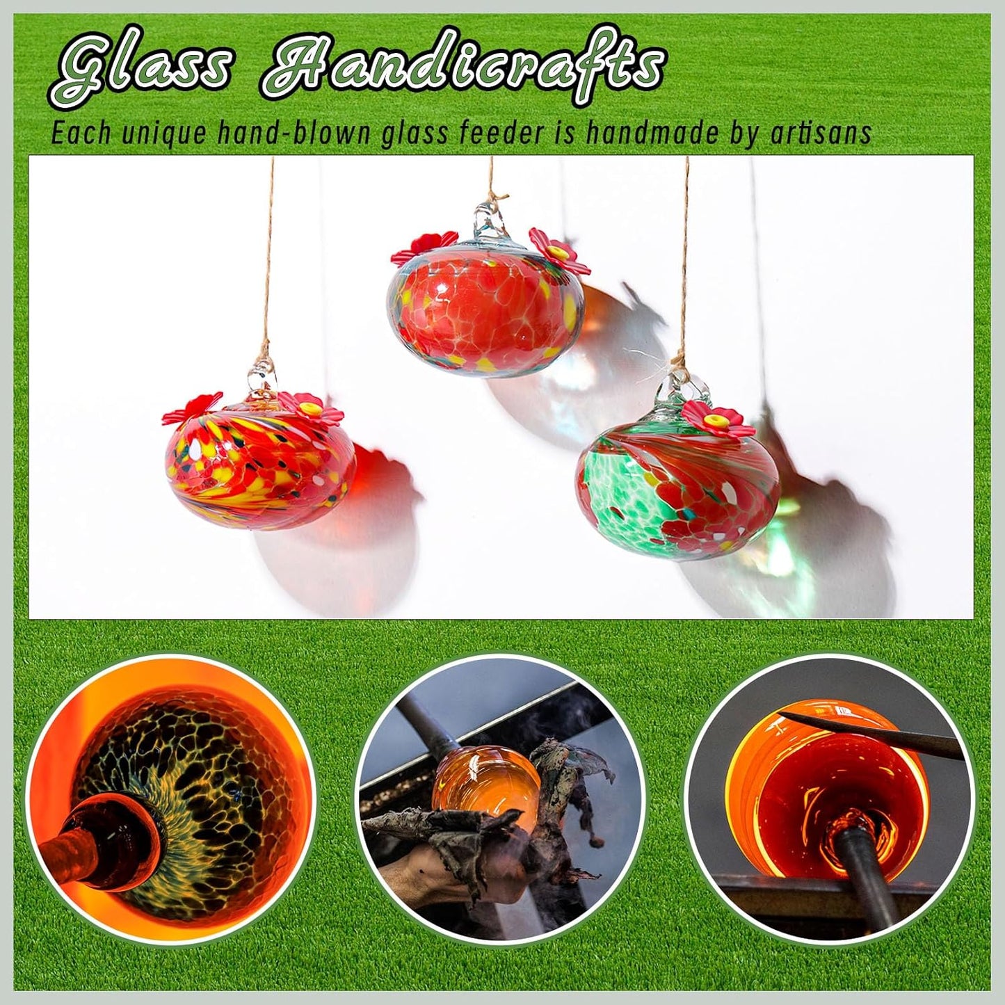 Tioncy 3 Pcs Hand Blown Glass Hummingbird Feeders for Outdoors Small G