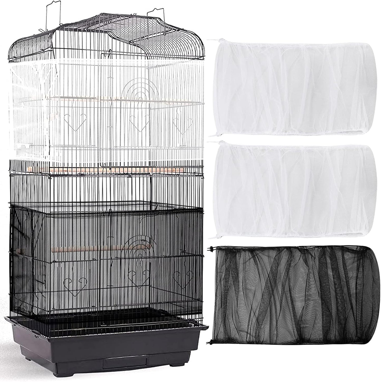 3 Pieces Large Adjustable Bird Cage Cover Seed Feather Catcher Birdcage Nylon Mesh Net Cover Soft Skirt Guard for Parakeet Macaw African Round Square Cage (78 x 15 Inch in Circumference and Width)