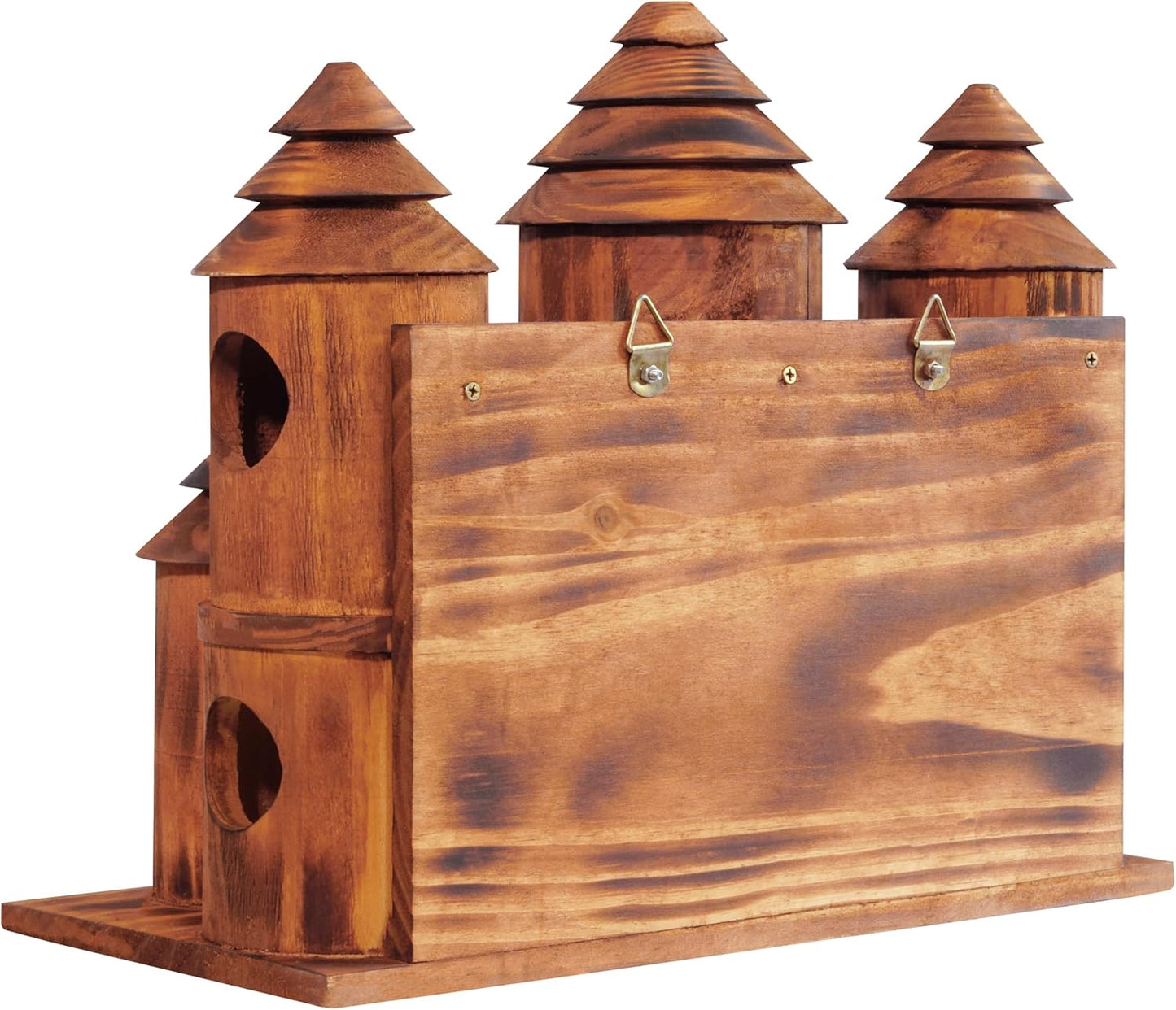 MIXUMON Wooden Bird Houses for Outside – 8 Rooms Castle-Style Bird House, Carbonized Pine Rustic Finish, 1.57" Entrance Holes, Decorative Outdoor Bird Nesting Box (Rustic, 8 Rooms)