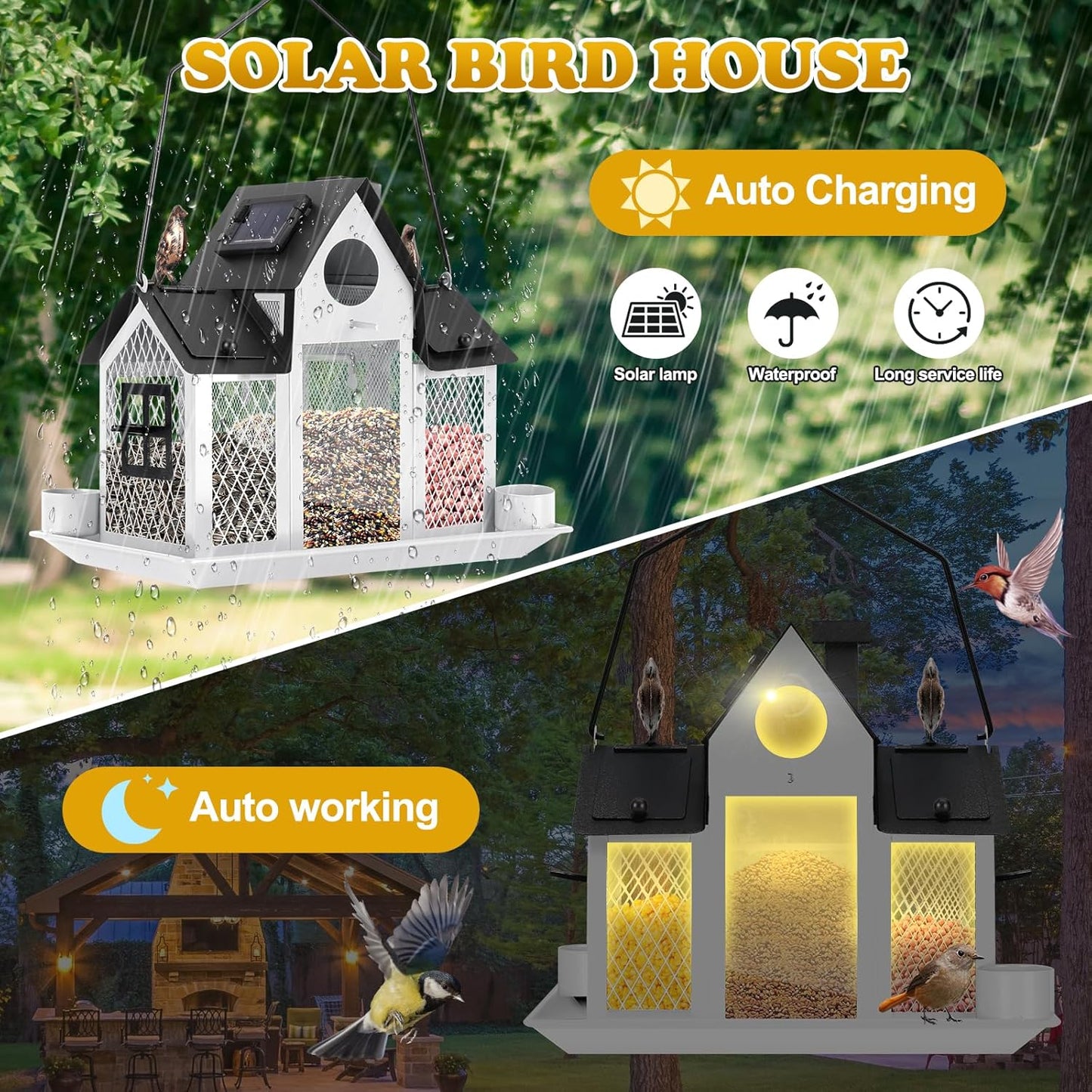 Solar Bird Feeders House for Outside Hanging, Metal Wild Bird Feeder f