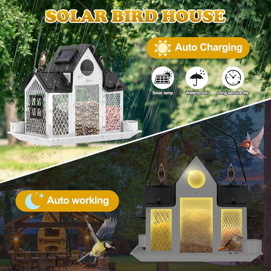 Solar Bird Feeders House for Outside Hanging, Metal Wild Bird Feeder f