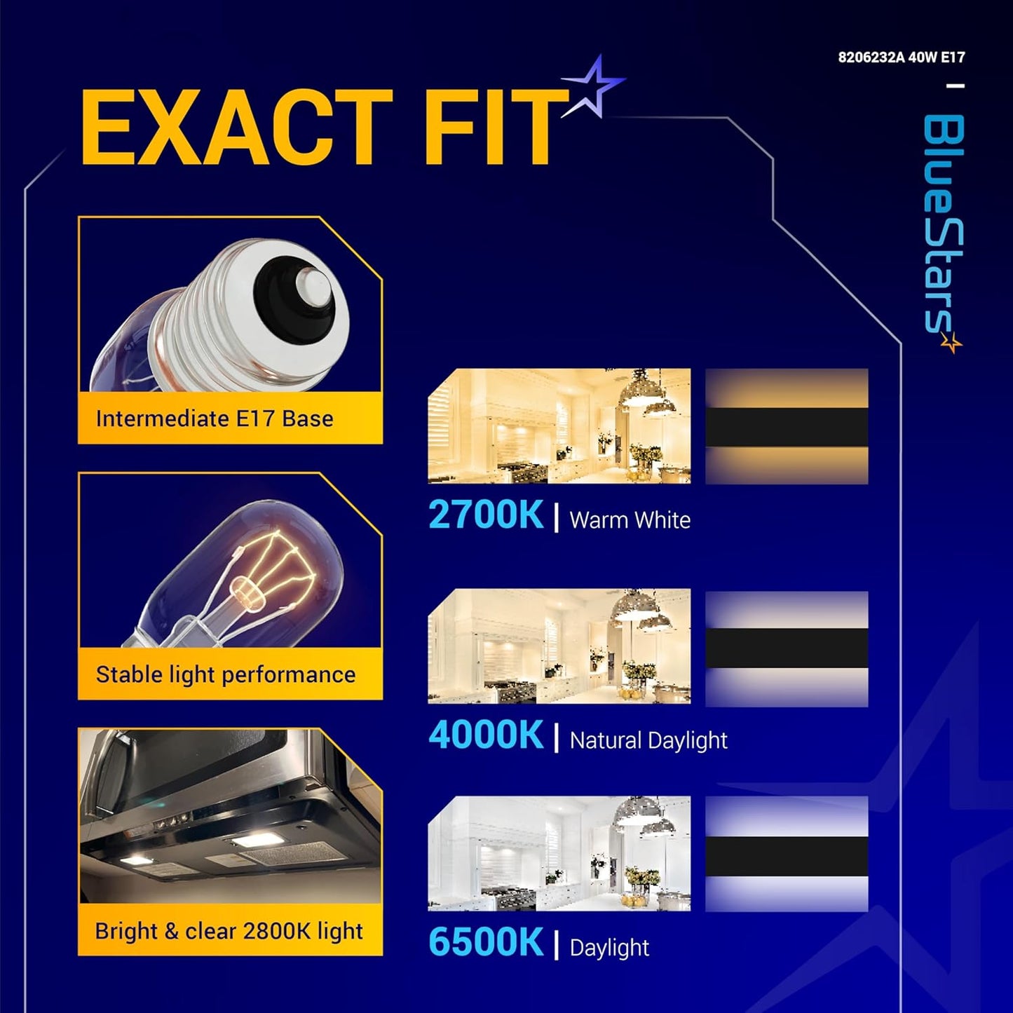 BlueStars 8206232A KEI 125V 40W Microwave Bulb E17 Base, Compatible with Whirlpool Microwave Light Bulb Under Hood, Lava Lamp, Salt Lamp Bulbs, Replaces 1890433 8206232 AP4512653, 3 Packs