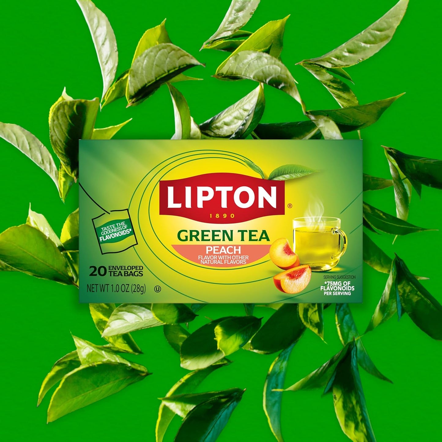 Lipton Peach Green Tea Bags, Flavored, Unsweetened Teabags for Hot Tea or Peach Iced Tea with Caffeine and Flavonoids, 20 Total Tea Bags
