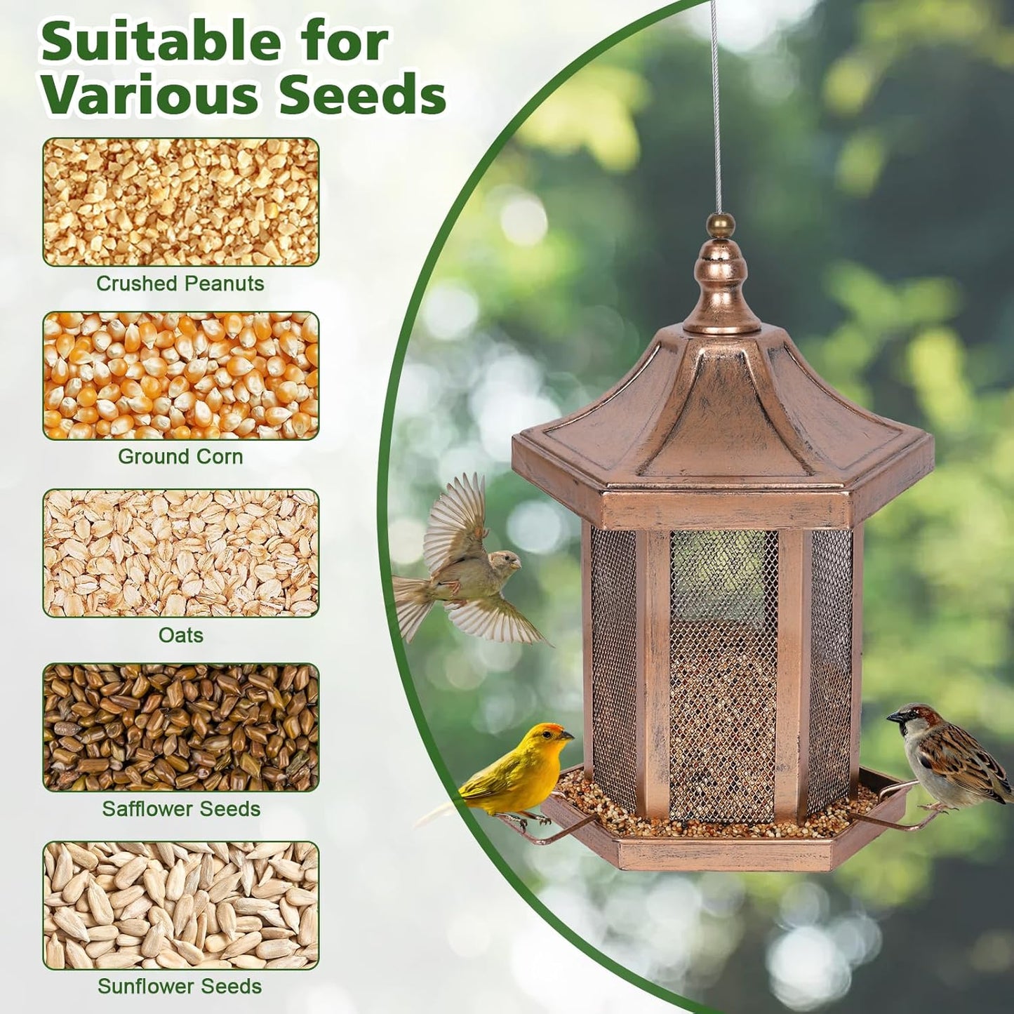 Metal Bird Feeder for Outdoors Hanging, Hexagon Bird Feeders for Garden Yard, 3LB Wild Birdfeeder Squirrel Proof for Outside