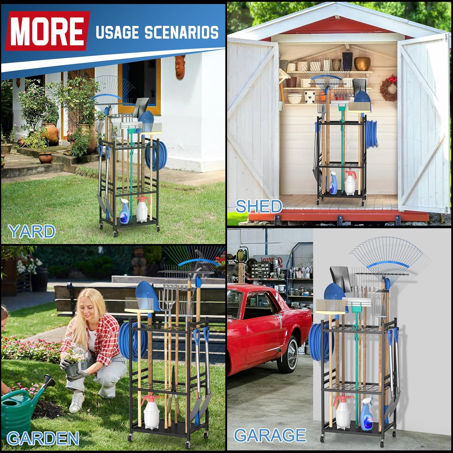 Garden Organizer With Wheels, Yard Tower Rack for Garage Storage, Up t