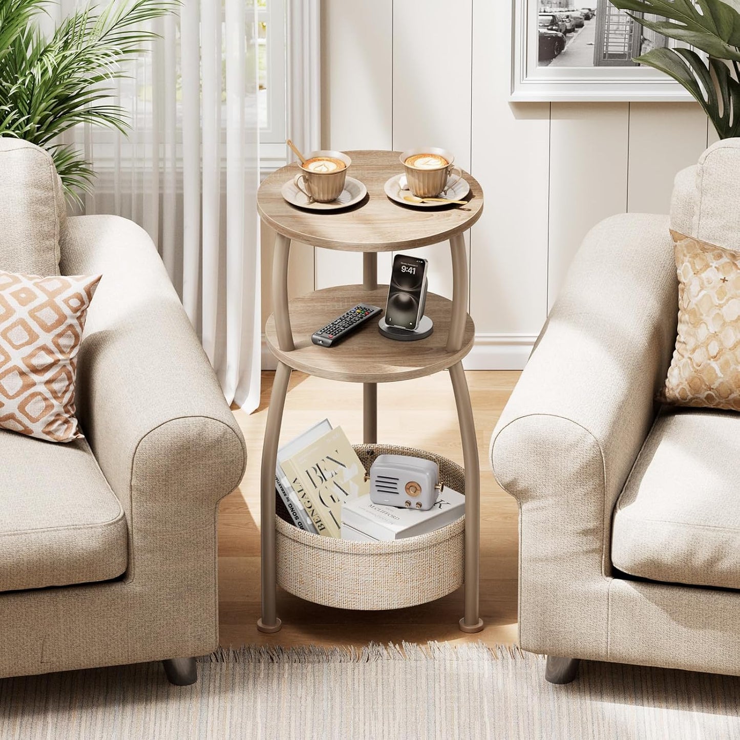 Small Side Table with Storage Basket, Space Saving Round End Table 3-Tier Bedside Corner Table for Living Room, Bedroom, Garden and More 11.81in Light Oak