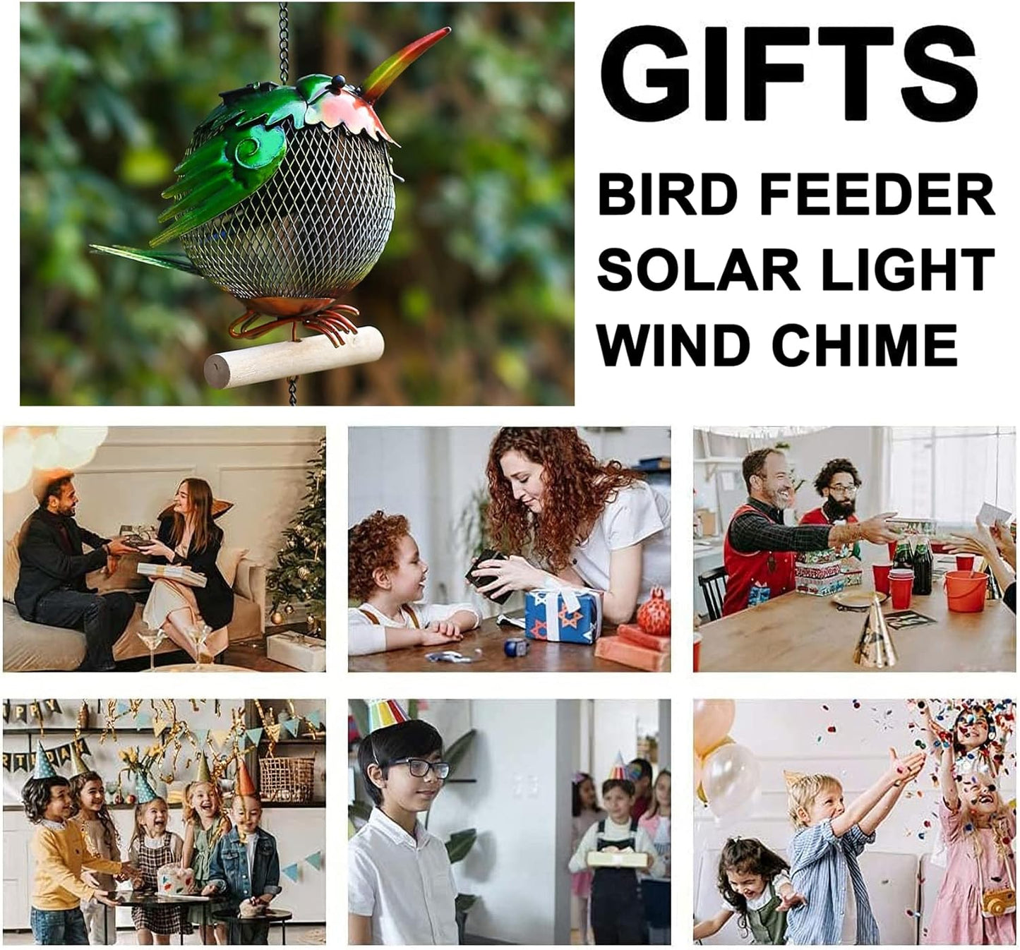 Solar Wild Bird Feeder Squirrel Proof for Outside - Unique Cute Metal Animal Shaped Bird Feeder with Solar Light, Wind Chime, Gift for Bird Lovers(Hummingbird)