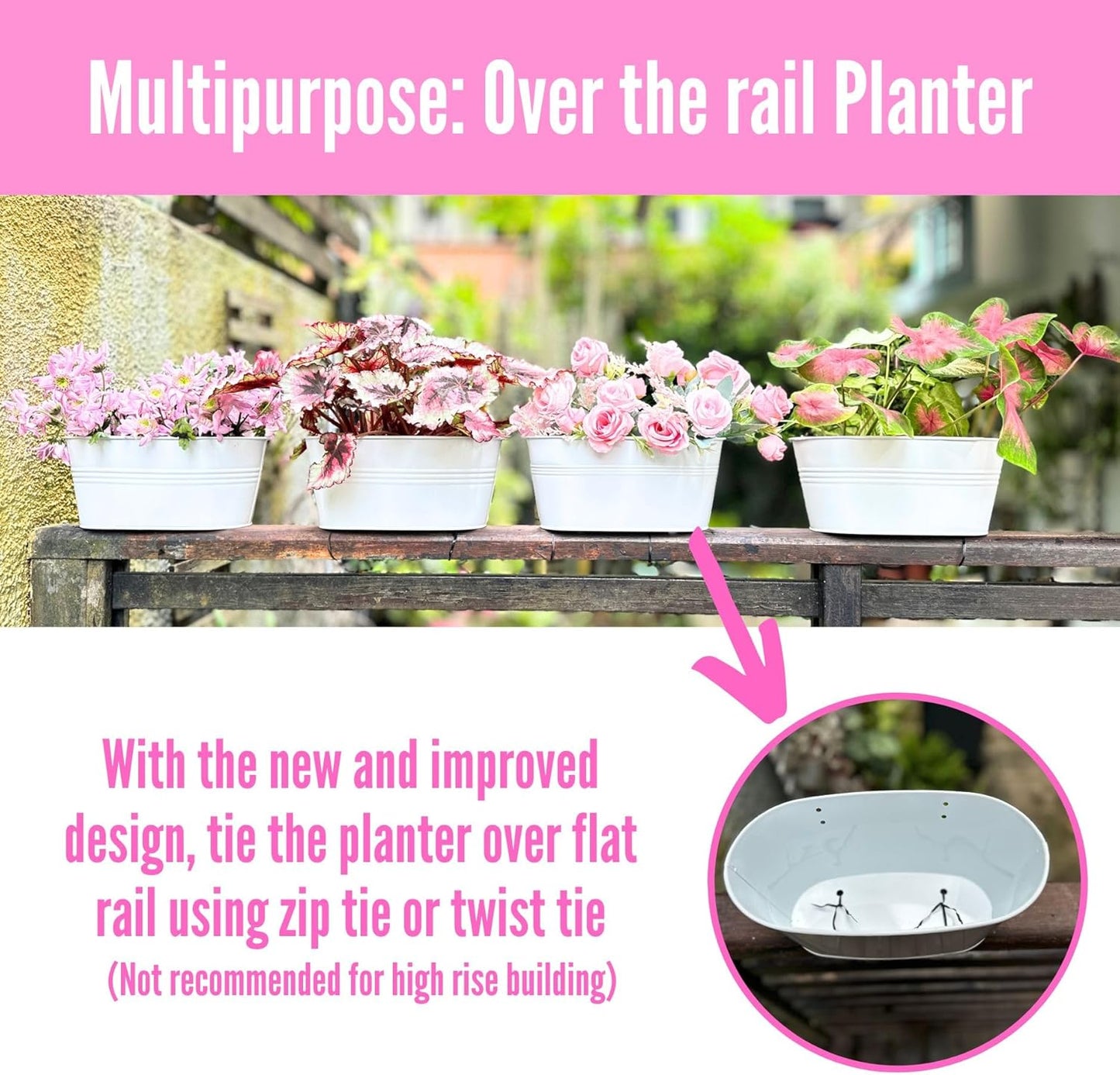 LaLaGreen Rail Planters for Outdoor (8 Pack, 11.2 Inch) White Metal Iron Hanging Flower Pots, Strawberry Planter Deck Railing Fence Bucket Modern Stylish Wall Mount Window Box Plant Holder Porch Decor