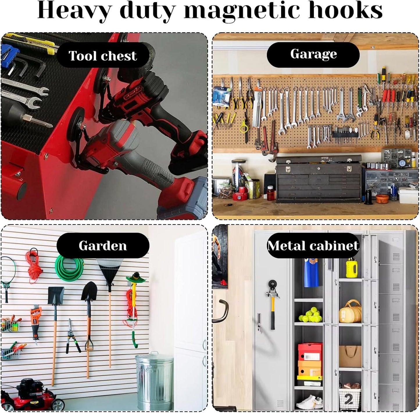 4Pcs Heavy Duty Storage Magnetic Utility Hooks Large Garage Strong Extra Magnet Hooks Hanger with Anti-Slip Coating Heavy Duty Magnetic Hook for Hanging Power Dril Garage Garden Tools Black