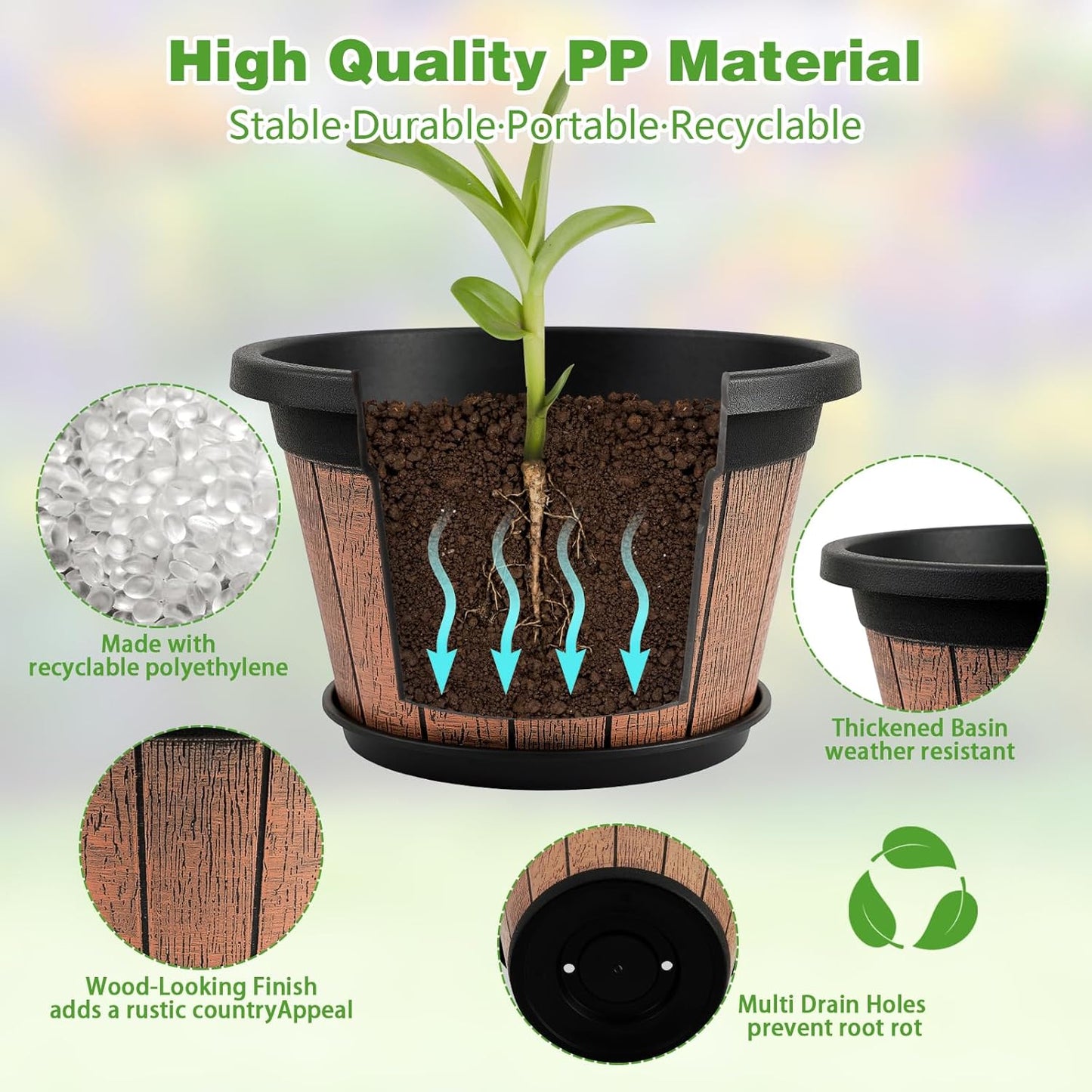 Quarut 4 Pack 10 inch Plant Pots,Upgrade Whiskey Barrel Planters with 