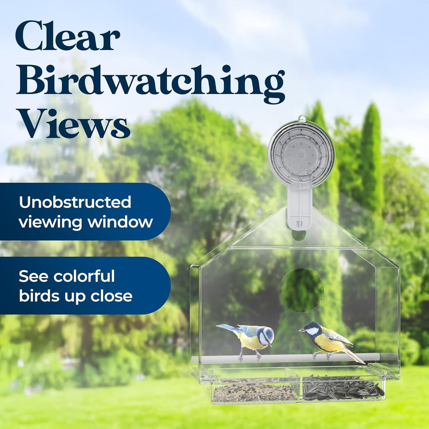 Window Bird Feeder with Ultra Strong Suction Cup - Large Clear Acrylic Weatherproof Birdhouse (Heavy Duty Suction Grip)