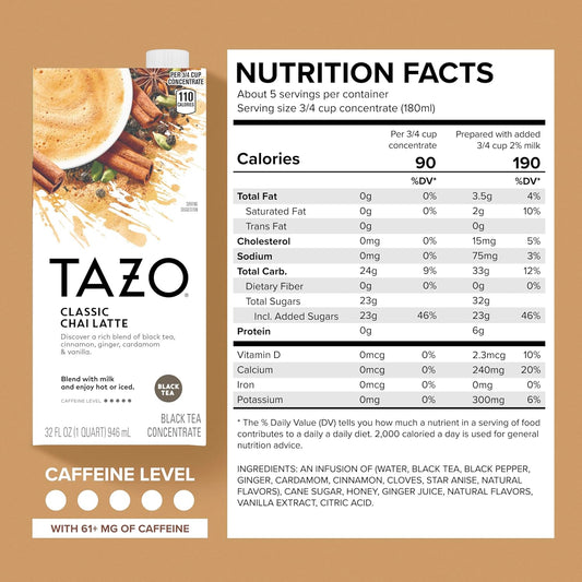 TAZO Classic Chai Latte, Black Tea Concentrate, Easy-to-Serve Caffeina